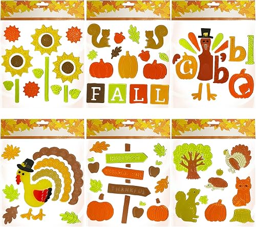 Calcomanías de gel para ventana de Acción de Gracias, incluye calabaza, pavo, hojas de ardilla, letrero de granja, reutilizable y fácil de quitar, 6