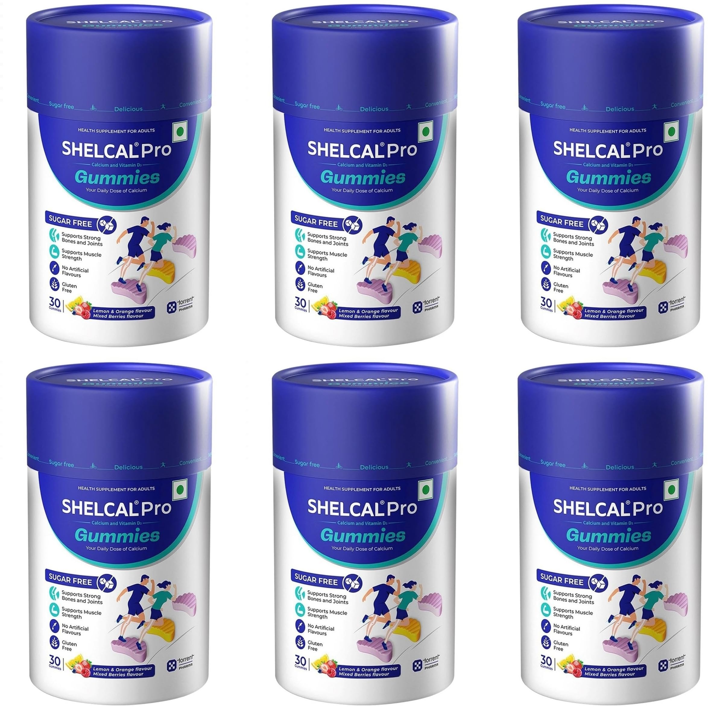 Torrent Shelcal Pro Calcium&Vitamin D3 Sugar Free Gummies|Supports Strong Bones&Joint| Lemon&Orange&Mixed Berries Flavours(30 Gummies)X Pack Of 6