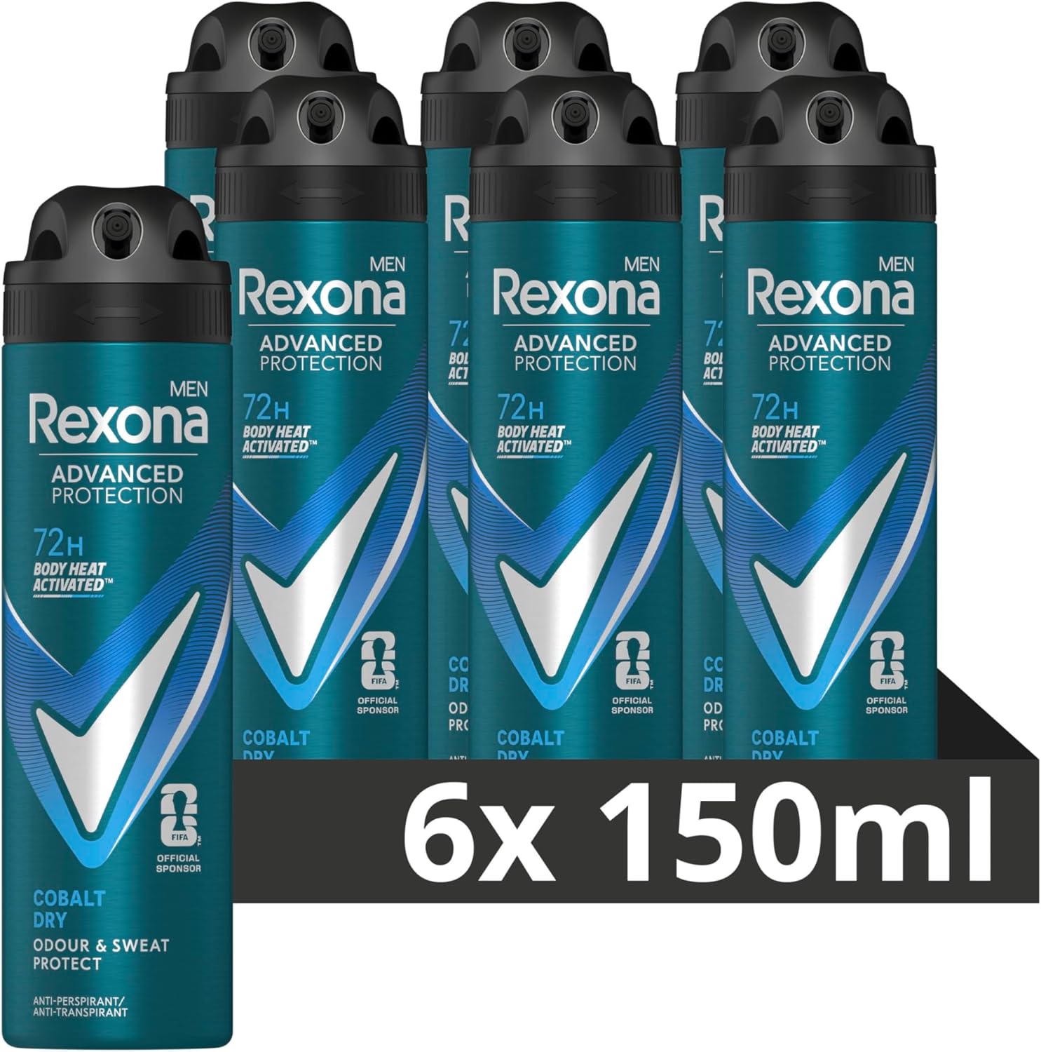 Rexona Men Advanced Protection Cobalt Dry Anti-Transpirant Deodorant Spray, biedt tot 72 uur bescherming tegen zweet en lichaamsgeur – 6 x 150 ml – Voordeelverpakking