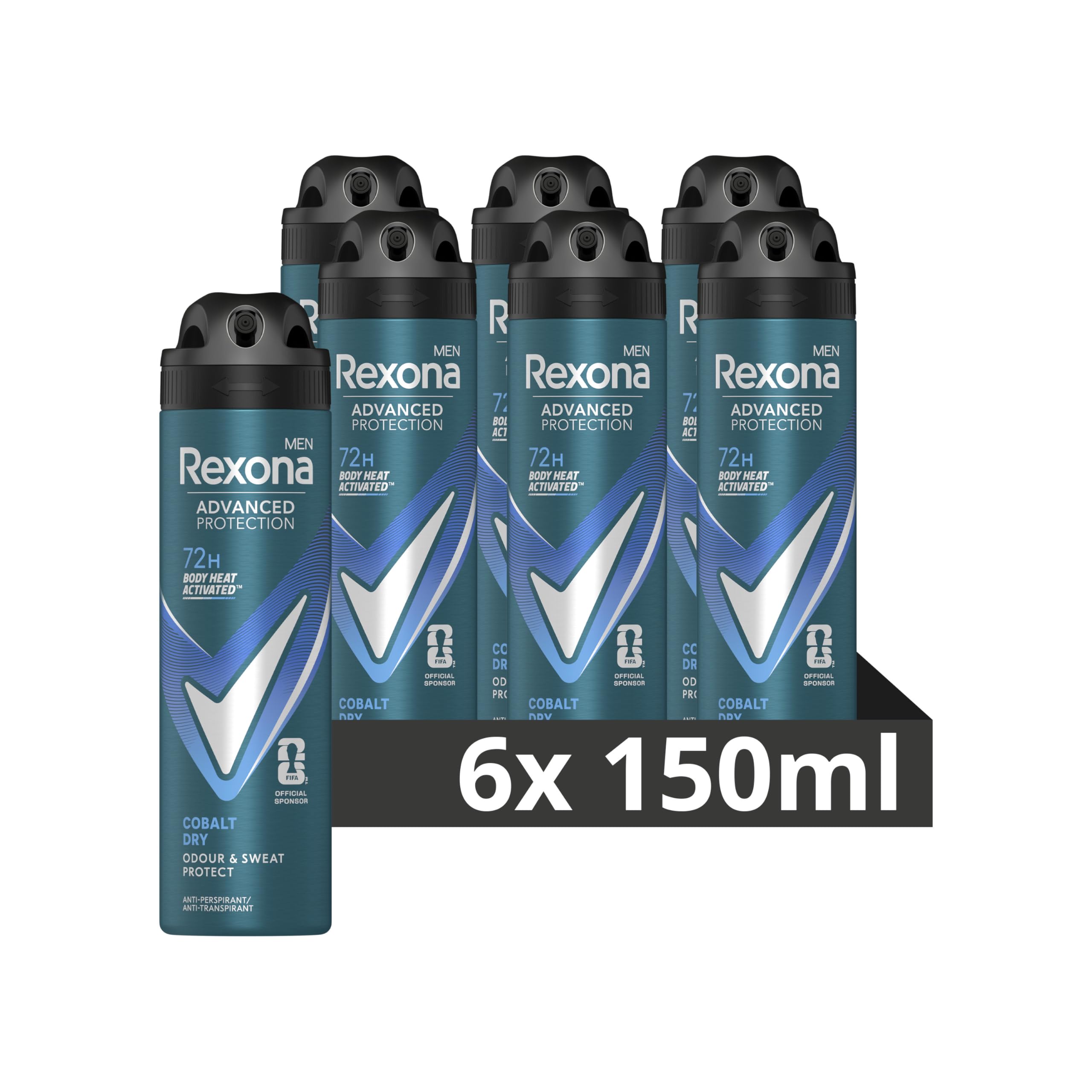 Rexona Men Advanced Protection Cobalt Dry Anti-Transpirant Deodorant Spray, biedt tot 72 uur bescherming tegen zweet en lichaamsgeur - 6 x 150 ml - Voordeelverpakking