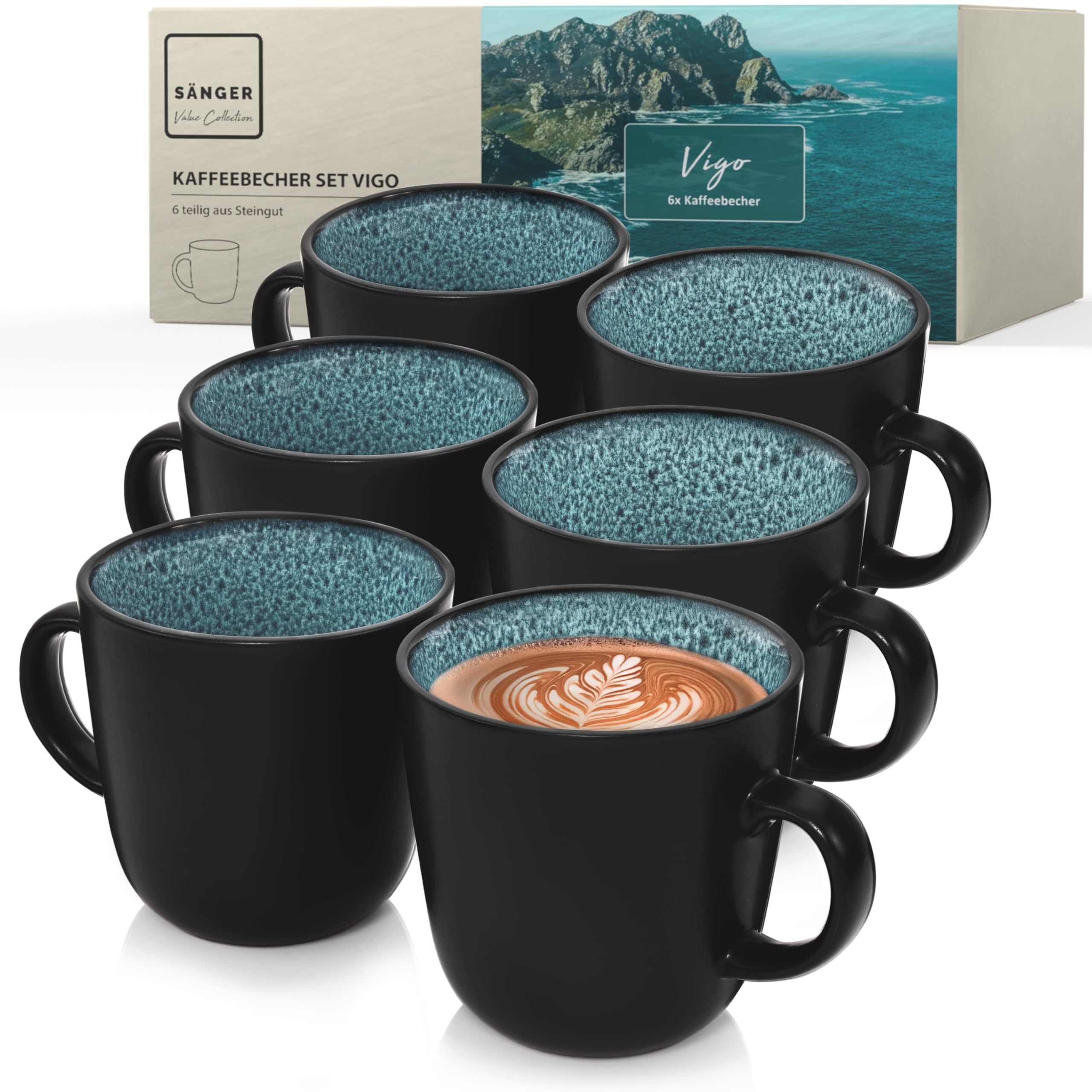 Sänger Vigo | Kaffeebecher 6 Personen, Steingut Kaffeetassen Set 6er, Tassen Set Teetasse Set spülmaschinenfest mikrowellenfest, Coffee Mug blau mit schwarzen Rand 400 ml | VALUE COLLECTION