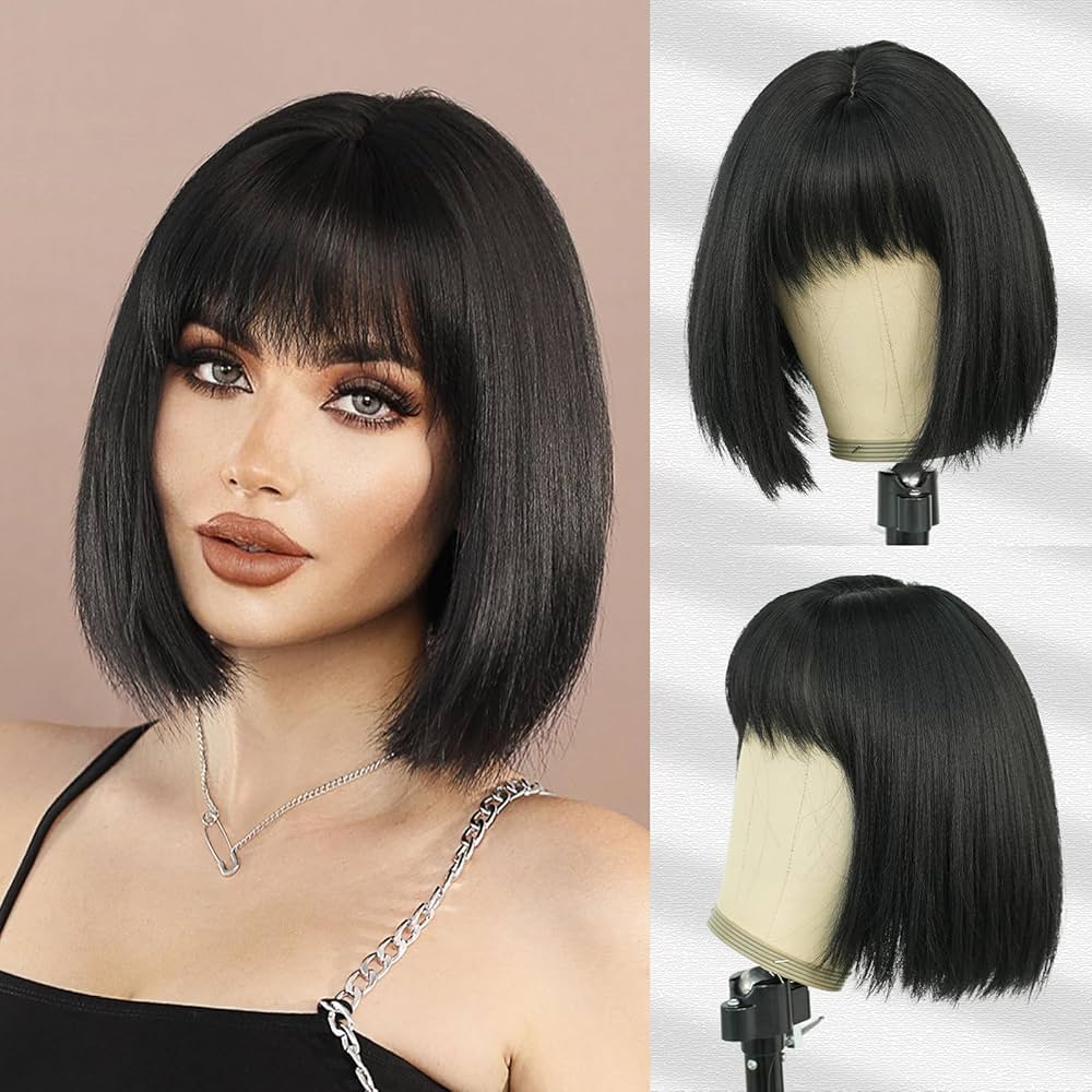 Amazon.com : 7JHH WIGS Yaki Short Straight Wig with Bangs