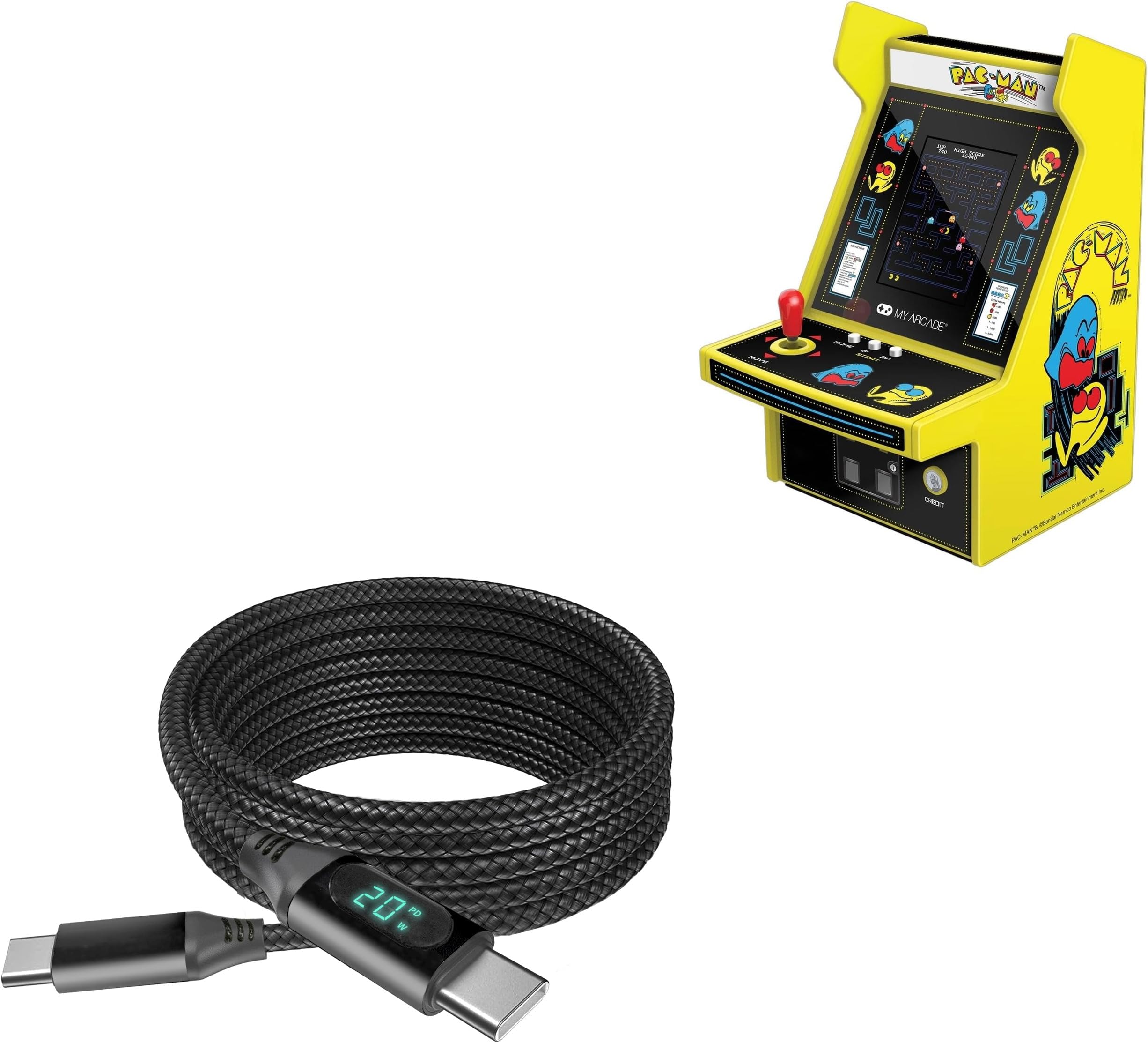 BoxWave Cable Compatible with My Arcade Pac-Man Micro Player Pro - PowerDisplay PD Cable (6ft) - USB-C to USB-C (100W), LED Wattage Info Extra Long Braided Nylon - Jet Black