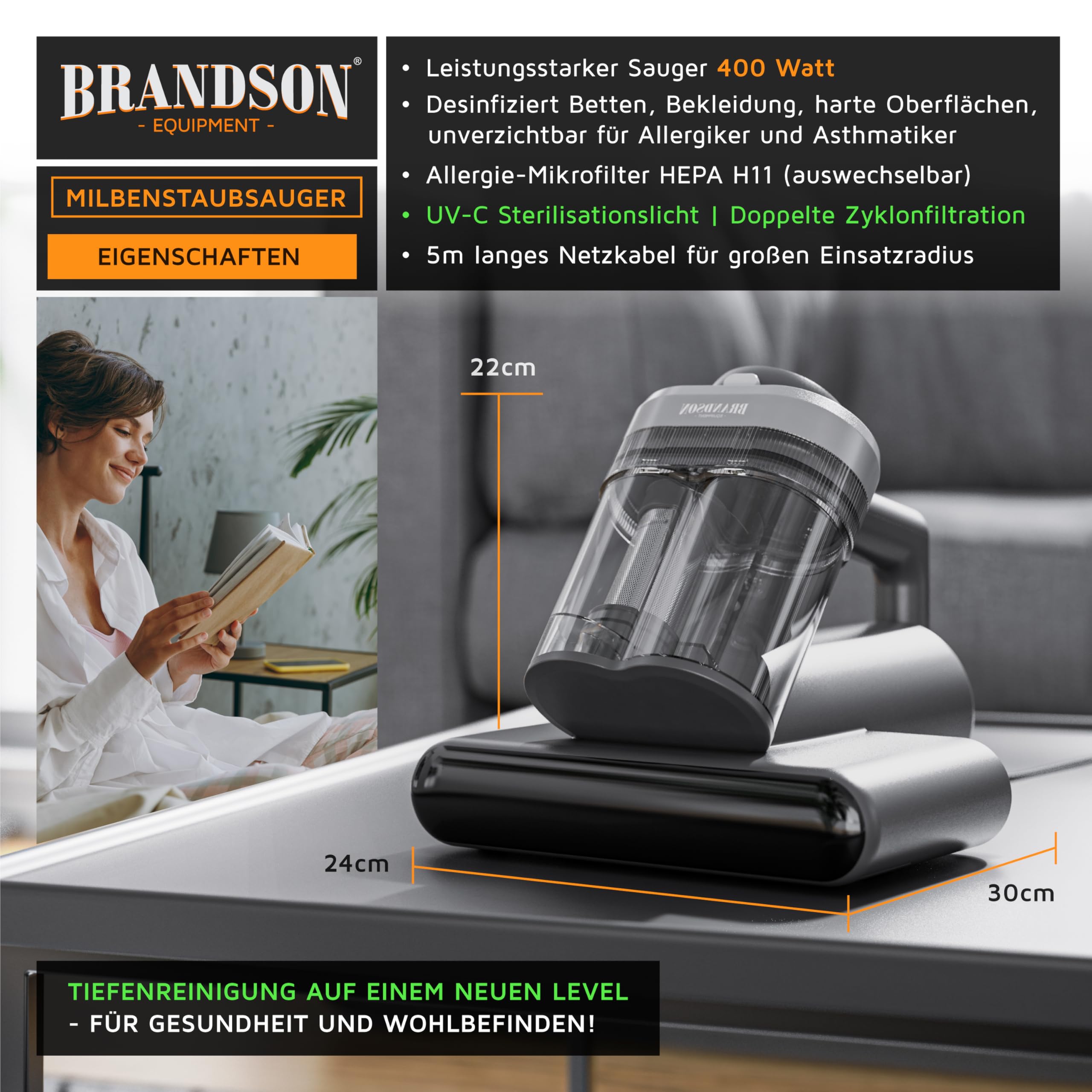 Brandson Milbensauger mit UV-C Licht Hepa Filter Bürstenwalze Matratzenreiniger