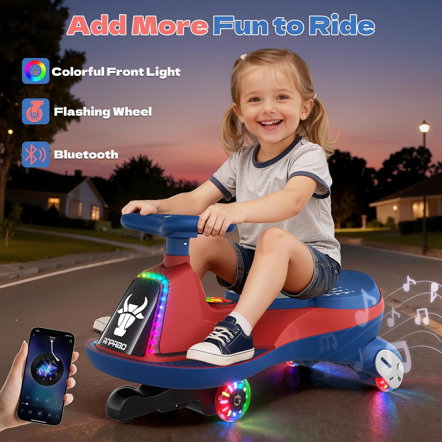 ANPABO 6V 7AH Electric Wiggle Car Blue-75W Motor, 2 Speed, Rechargeable Battery, Bluetooth & Music, LED Lights, Soft Start, Light-up Wheels, Anti-Rollover, for Ages 3+, 150 Lbs