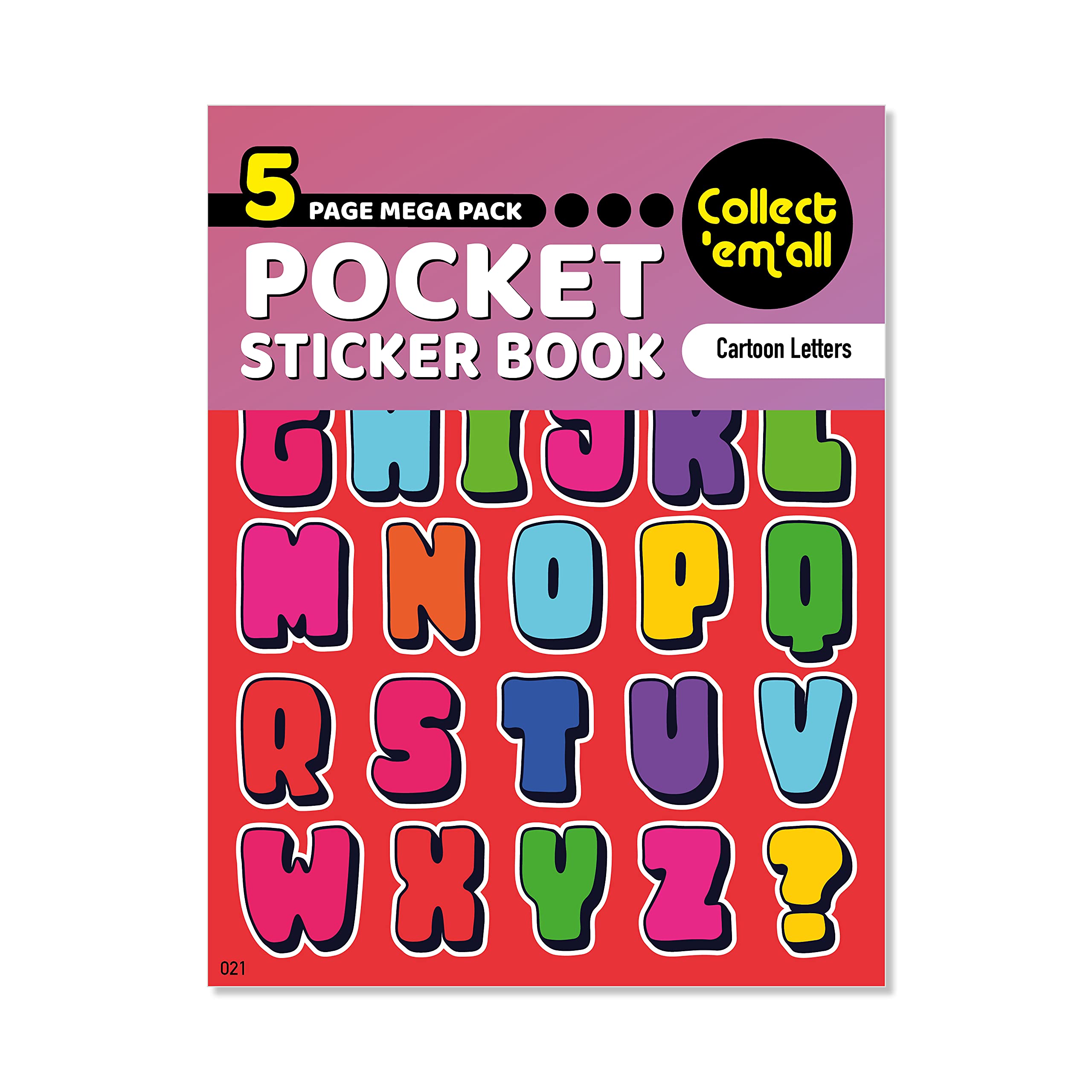 Pocket Sticker Book (5 Pages) - 64 MEGA Packs to Collect Coloured Stickers for Kids - Cartoon Letters