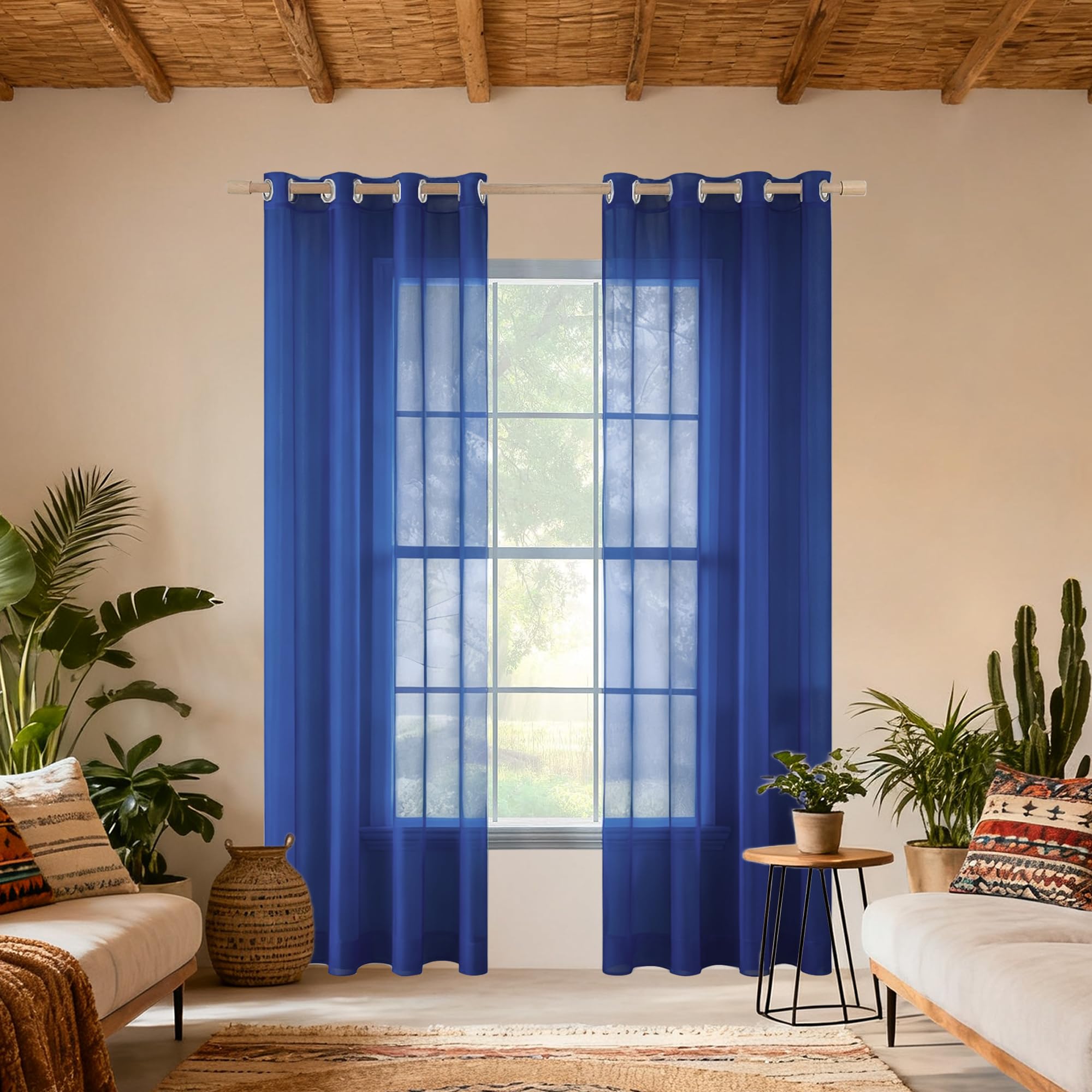 Voilage à oeillet bleu foncé 460 x 235 cm grand rideau transparent