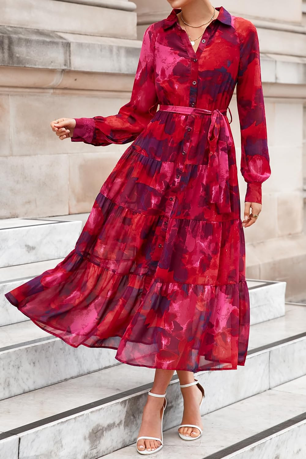 PRETTYGARDEN Womens Spring Dress 2026 Casual Long Sleeve Button Down Belted Boho Floral Flowy Maxi Wedding Guest Dresses - Image 2