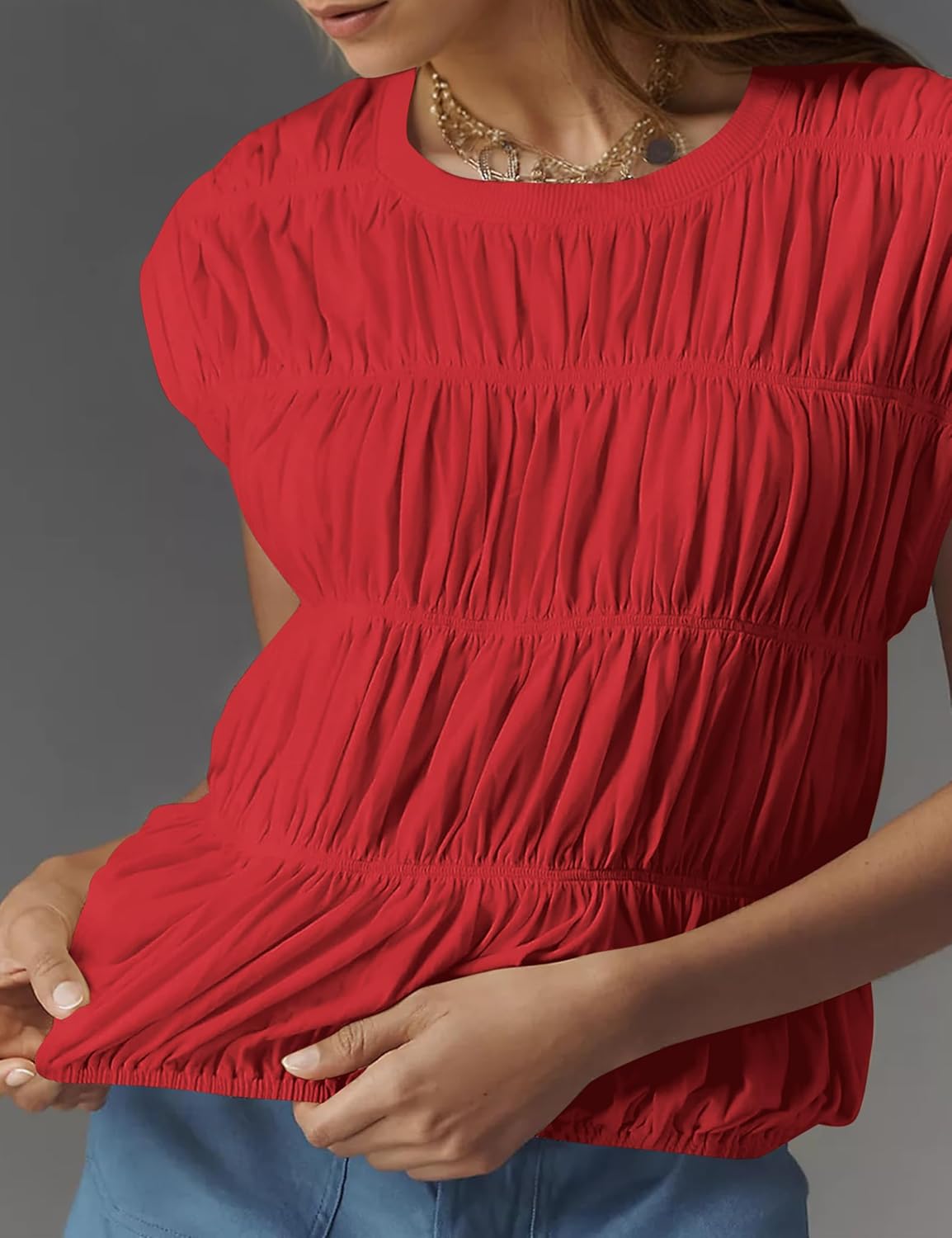 MISSACTIVER Women's Cute Tiered Shirred Bubble Top Solid Casual Crew Neck Cap Sleeve Tank Top Babydoll Tee Shirt Blouse Tops