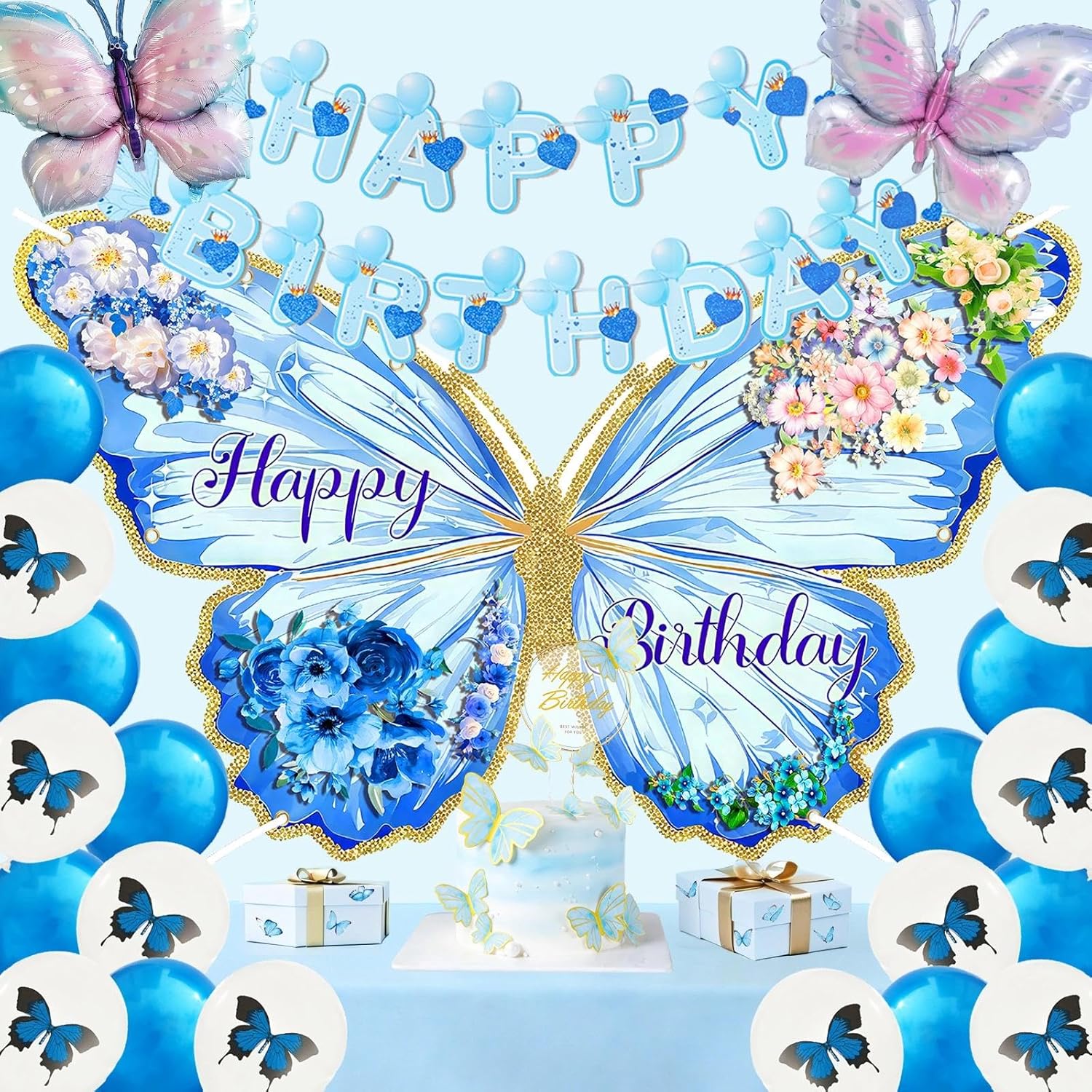 Blue Butterfly Happy Birthday Banner, 70.86 * 43.3Inch Happy Birthday Banner for Women, Party Decorations for Girls (Blue Butterfly set)