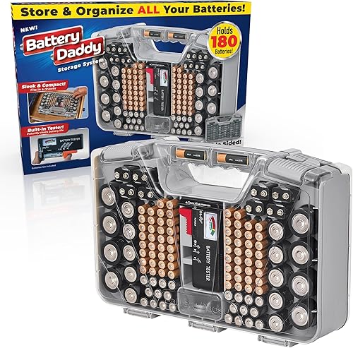 Ontel Battery Daddy - Estuche organizador con probador, almacena y protege hasta 180 baterías, doble cara, diseño duradero con tapa de bloqueo