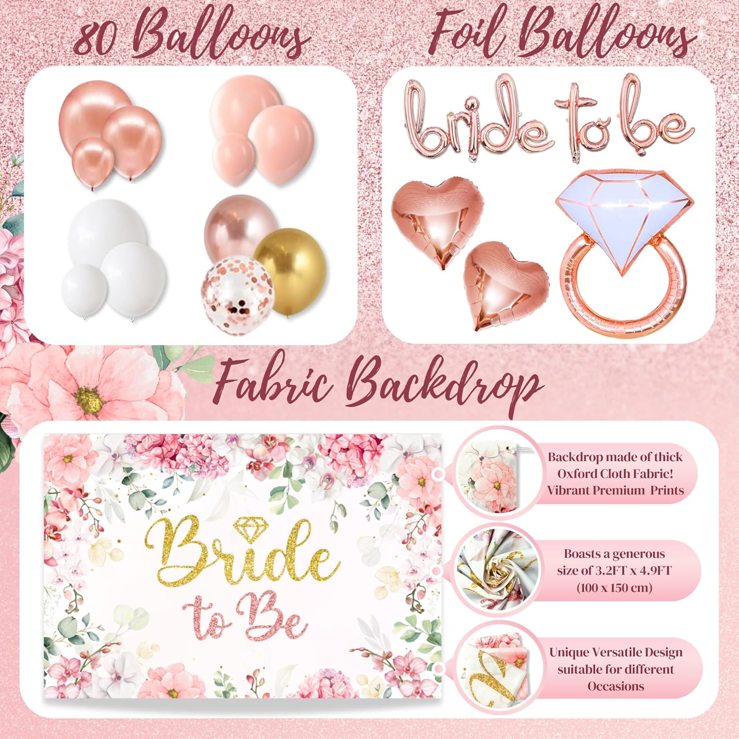 189 pc Premium Bridal Shower Party Decorations – Balloons, Bride to Be Sash, Veil, Headband, Backdrop, Props – Pink Bachelorette Party Decorations for Engagement, Rose Gold Bridal Shower Decorations - Image 3