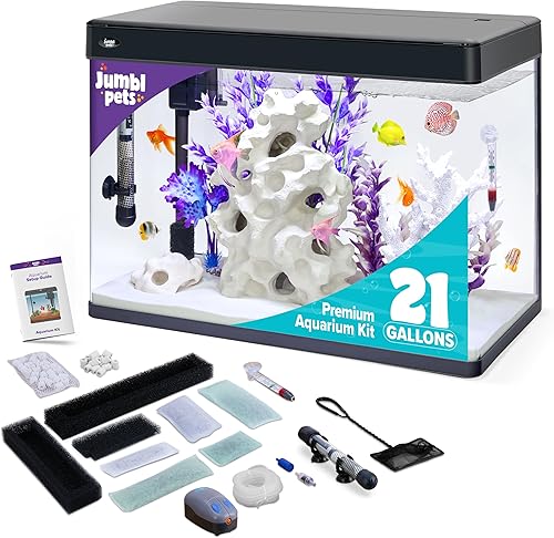 JumblPets - Kit de acuario de peces de alta calidad, 21 galones, juego completo de peceras de vidrio con LED, sistema de filtración y juego, capucha