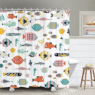 RosieLily Fish Shower Curtain, Kids Shower Curtain Cute Shower Curtain, Beach Ocean Nautical Shower Curtain Set with 12 Hooks, Waterproof Colorful Animal Cartoon Fish Bathroom Decor, 72x72