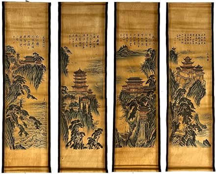 CIFIBIFUN Wall Asia Art Prints Posters Painting Asia Vintage Style,4 Panels Architectural Scroll Four Great Towers, Walls Decor for Living Room Library Japan Painting