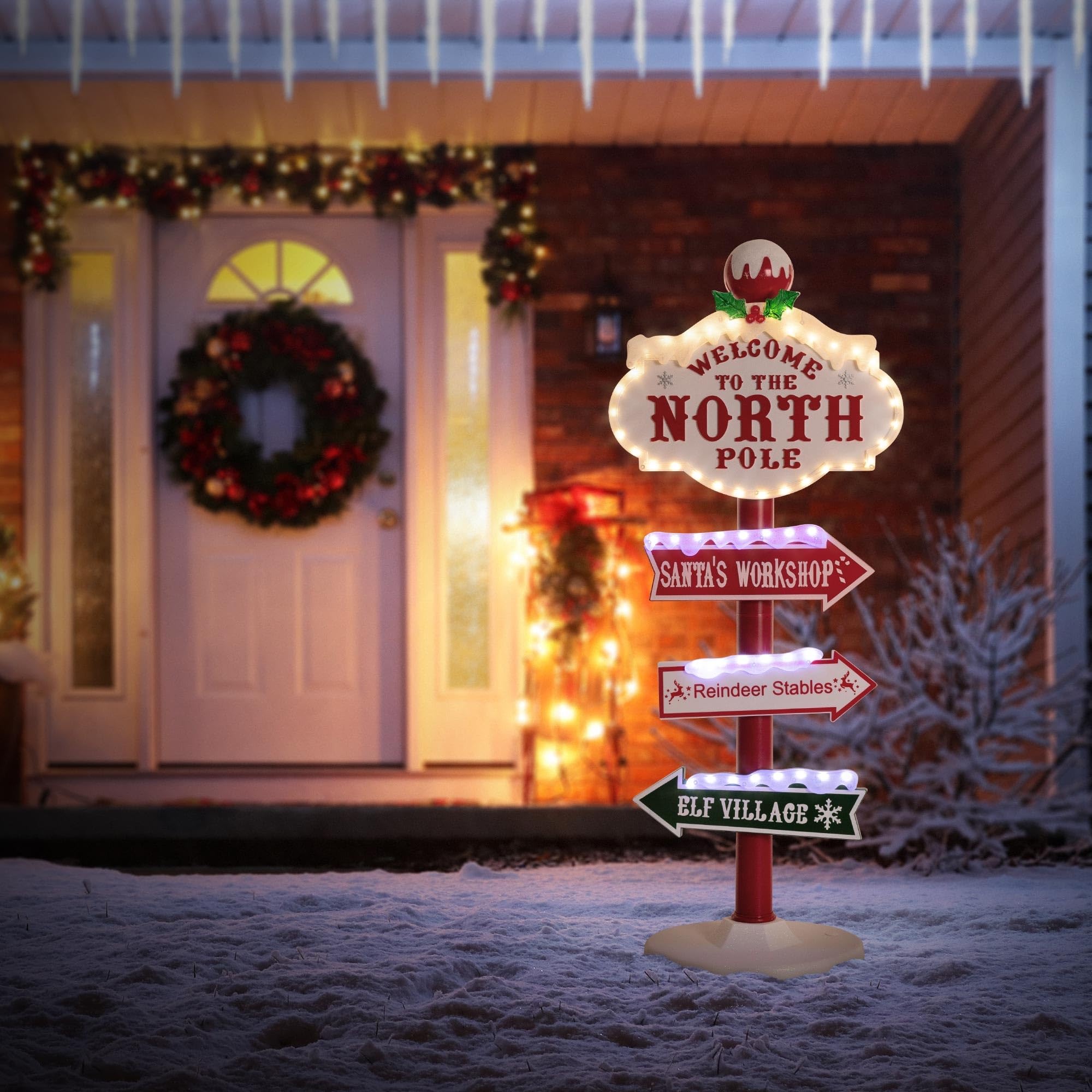ECD Germany LED Weihnachtsdeko Wegweiser 95cm, 59 bunte LEDs, Nordpol Schild mit 4 beschrifteten Planken, Innen/Außen, Wetterfest, Garten Deko Weihnachten aus Kunststoff, Richtungsweiser beleuchtet