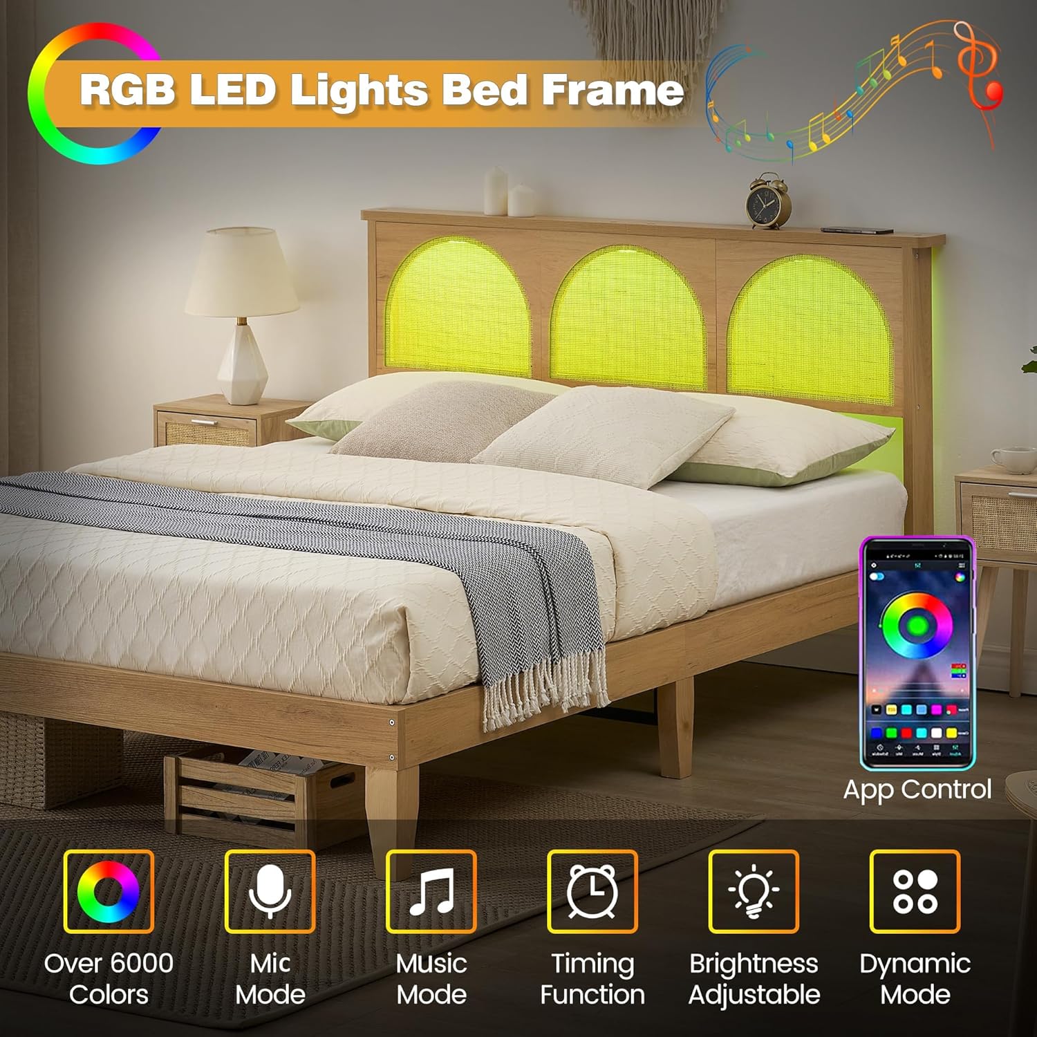 GAOMON Full Size Bed Frame with Natural Rattan Headboard, Platform Bed Frame with LED Lights,Wooden Support Legs, No Box Spring Needed, Easy Assembly(Full)