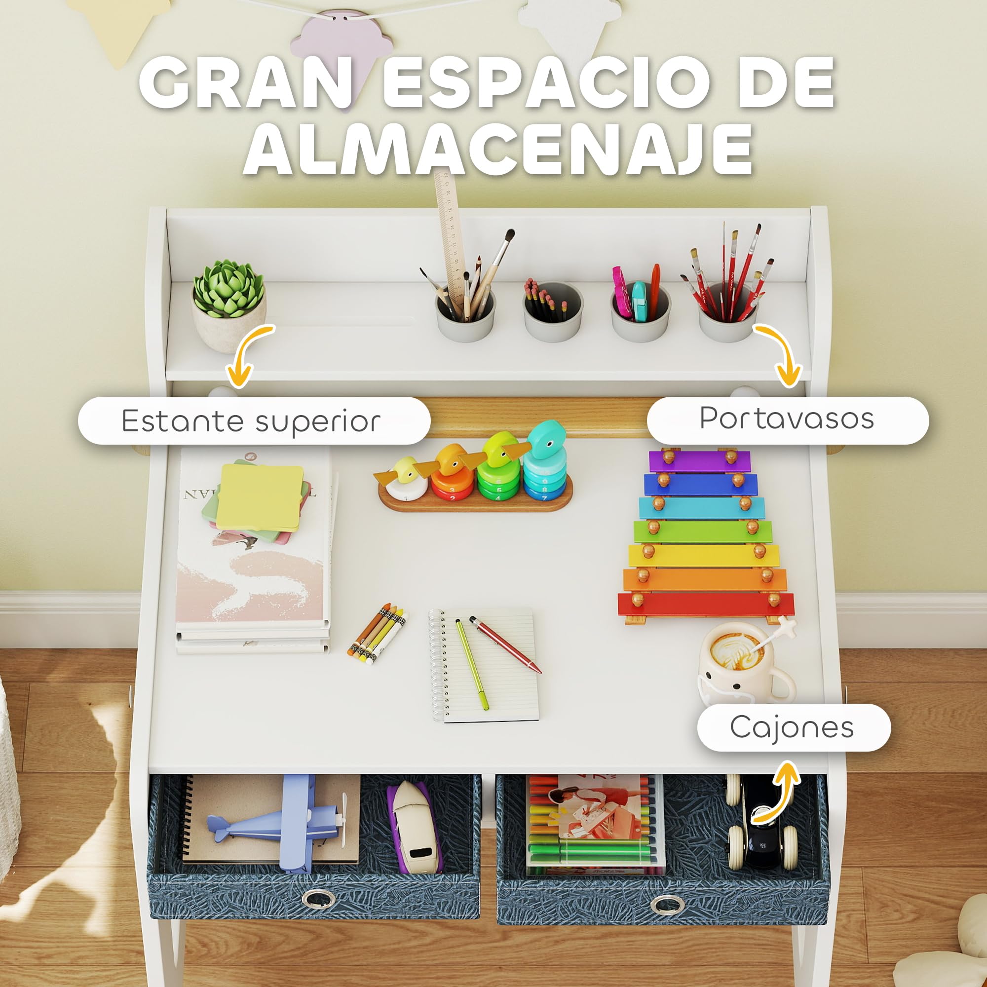 AIYAPLAY Escritorio Infantil con Silla, 2 Cajones Extraíbles, Blanco | Pupitre Infantil, Estante y Portavasos, para Estudiar Leer y Dibujar, Mesa para Niños, Dormitorio, Sala Estudio