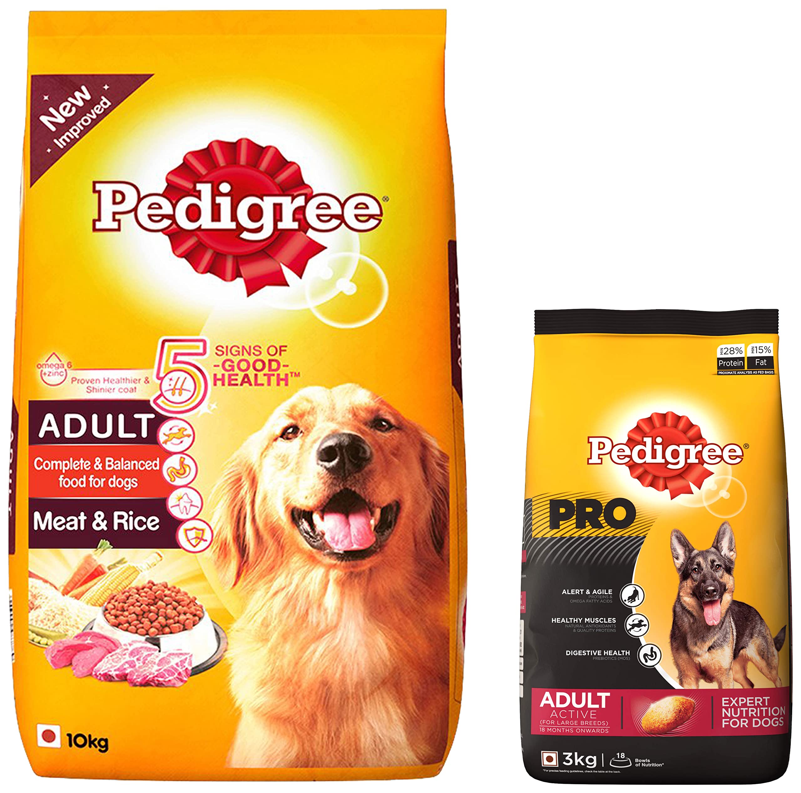 Pedigree Adult Dry Dog Food, Meat & Rice, 10kg Pack & PRO Expert Nutrition Active Adult Large Breed Dog (18 Months Onwards) Dry Dog Food, 3kg Pack Flavour : Chicken