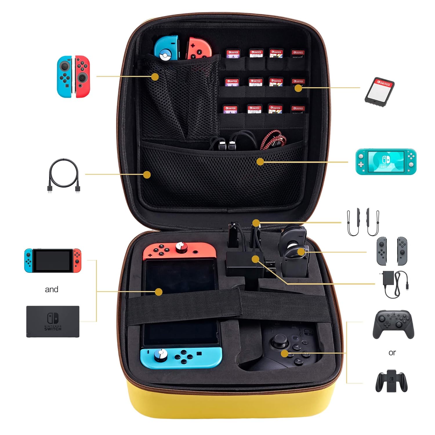 Funlab Hard Carrying Case Compatible with Nintendo Switch,Deluxe Travel Bag fit for Pro Controller-Yellow : Video Games