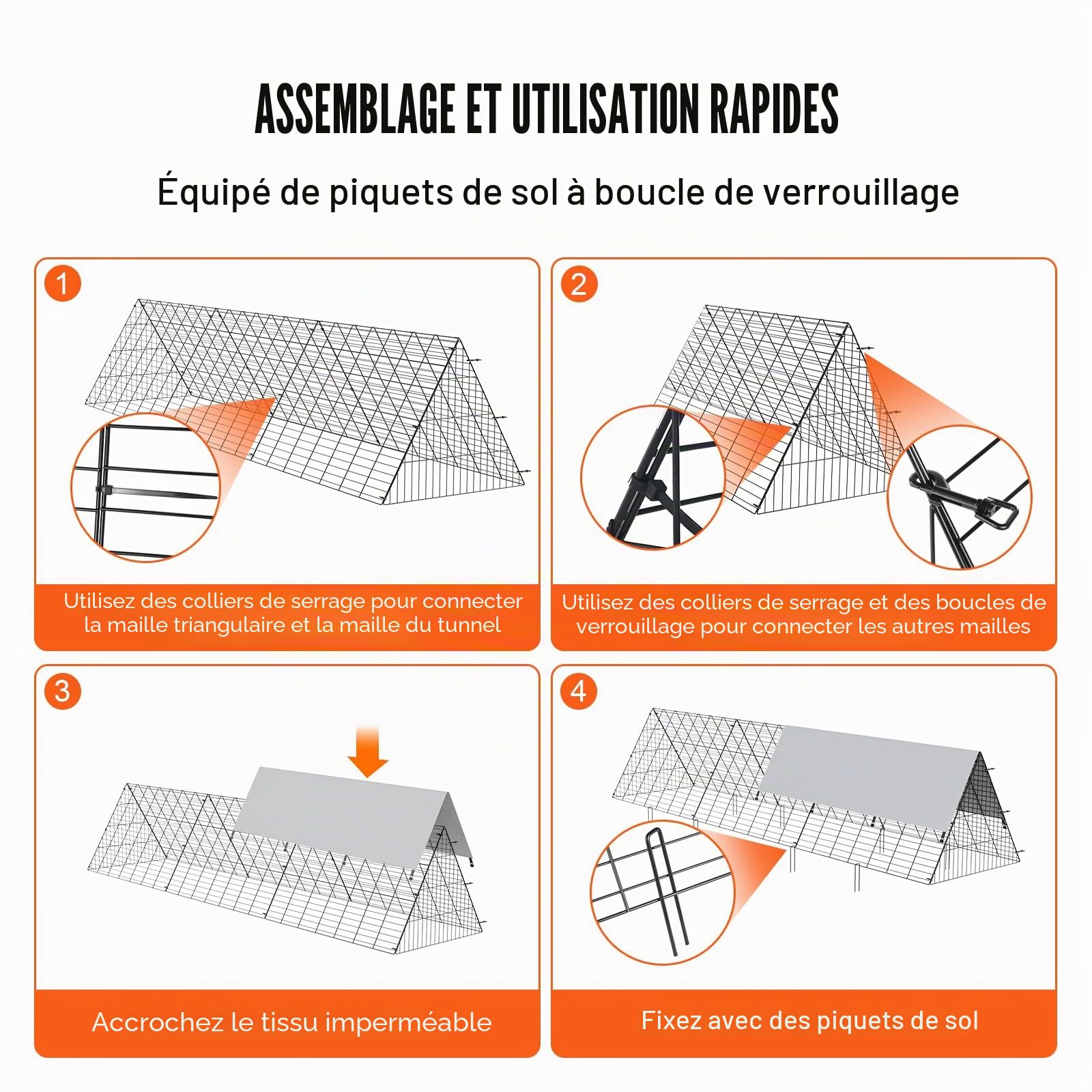 VEVOR Enclos du poulailler, 300 x 71 x 61,5 cm (L x L x H), Tunnels de Poulet pour la Cour, poulailler Portable pour Une Installation Facile à l'extérieur, Cage adapté aux Poulets, Canards, Lapins