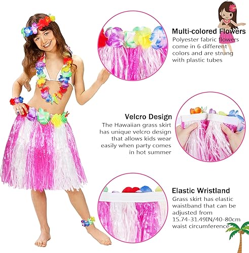Miniatura 3 de Fortuning's JDS Falda hawaiana de hierba hula para niña, con flores elásticas a juego, juego de disfraz para fiesta de playa tropical Luau