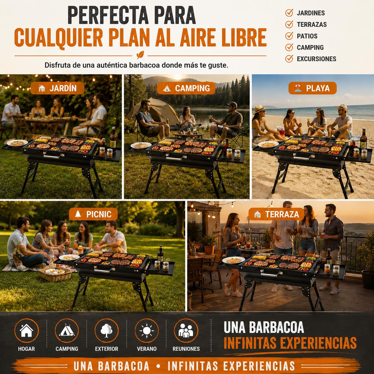 TIENDA EURASIA – Barbacoa de Carbón Plegable | Portátil con 4 Patas Plegables y 2 Bandejas Laterales Abatibles | Acero Esmaltado | Rejilla de Cocción Cromada | Negro | Carbón o Briquetas | 82x30x57 cm