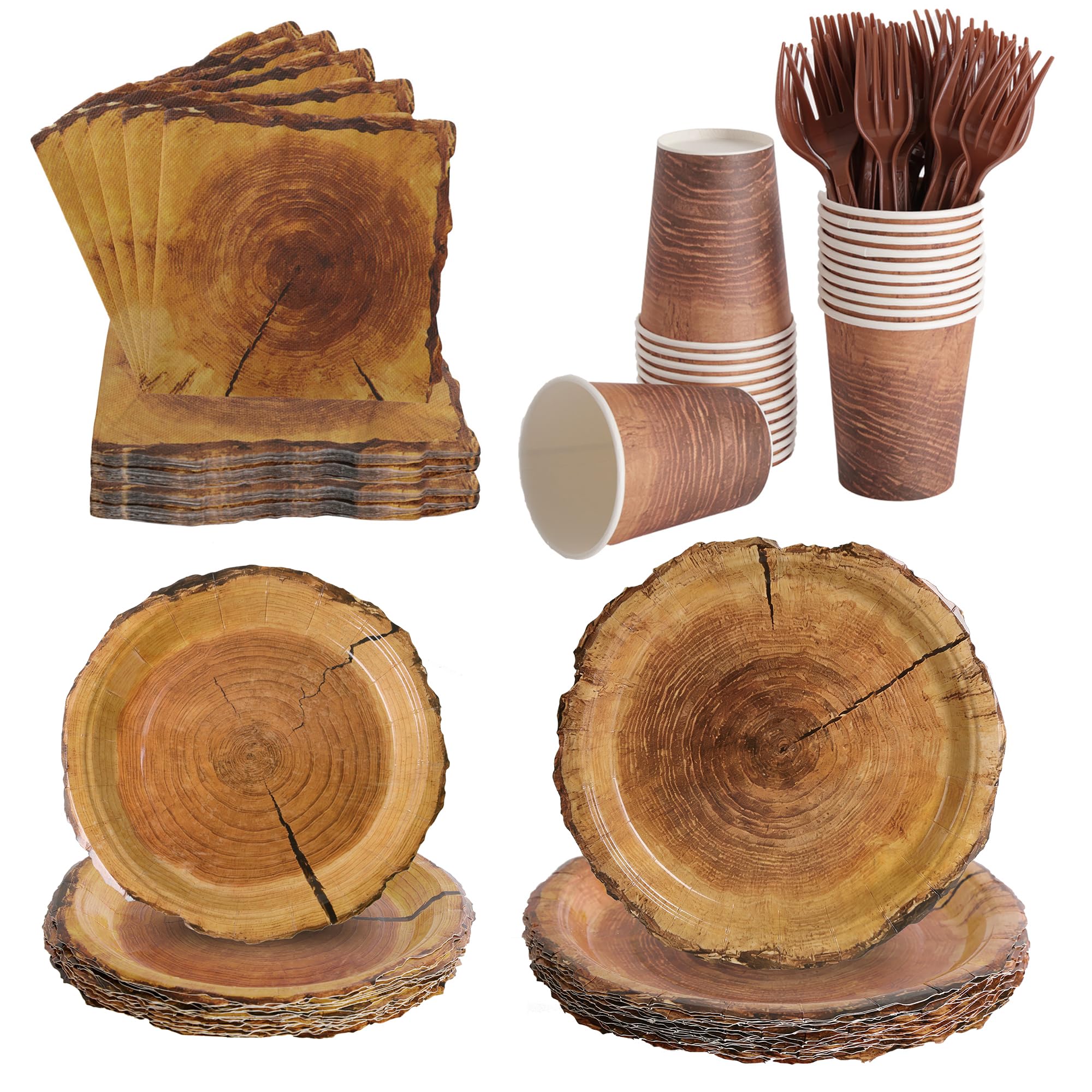 Photo 1 of 144 Pcs Disposable Rustic Wood Grain Slice Tableware Set for 24 Guests