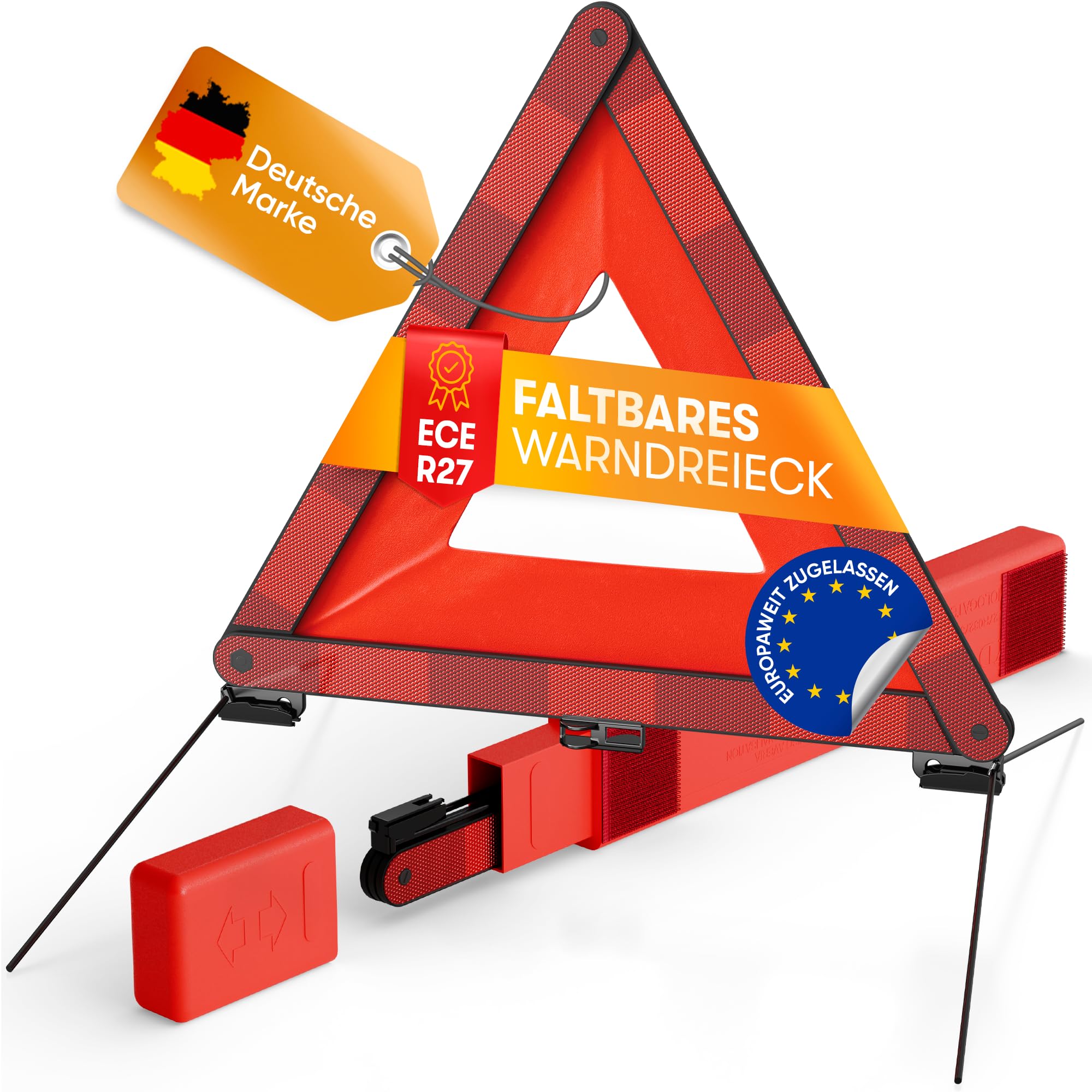 PURAHELP® Warndreieck KFZ Faltbar [Norm 2026 ECE R27] - Bis zu 250m sichtbar - Pannendreieck Auto Kompakt & Klappbar - Sicheres Verkehrspannen Dreieck nach EU Norm (StVO konform)