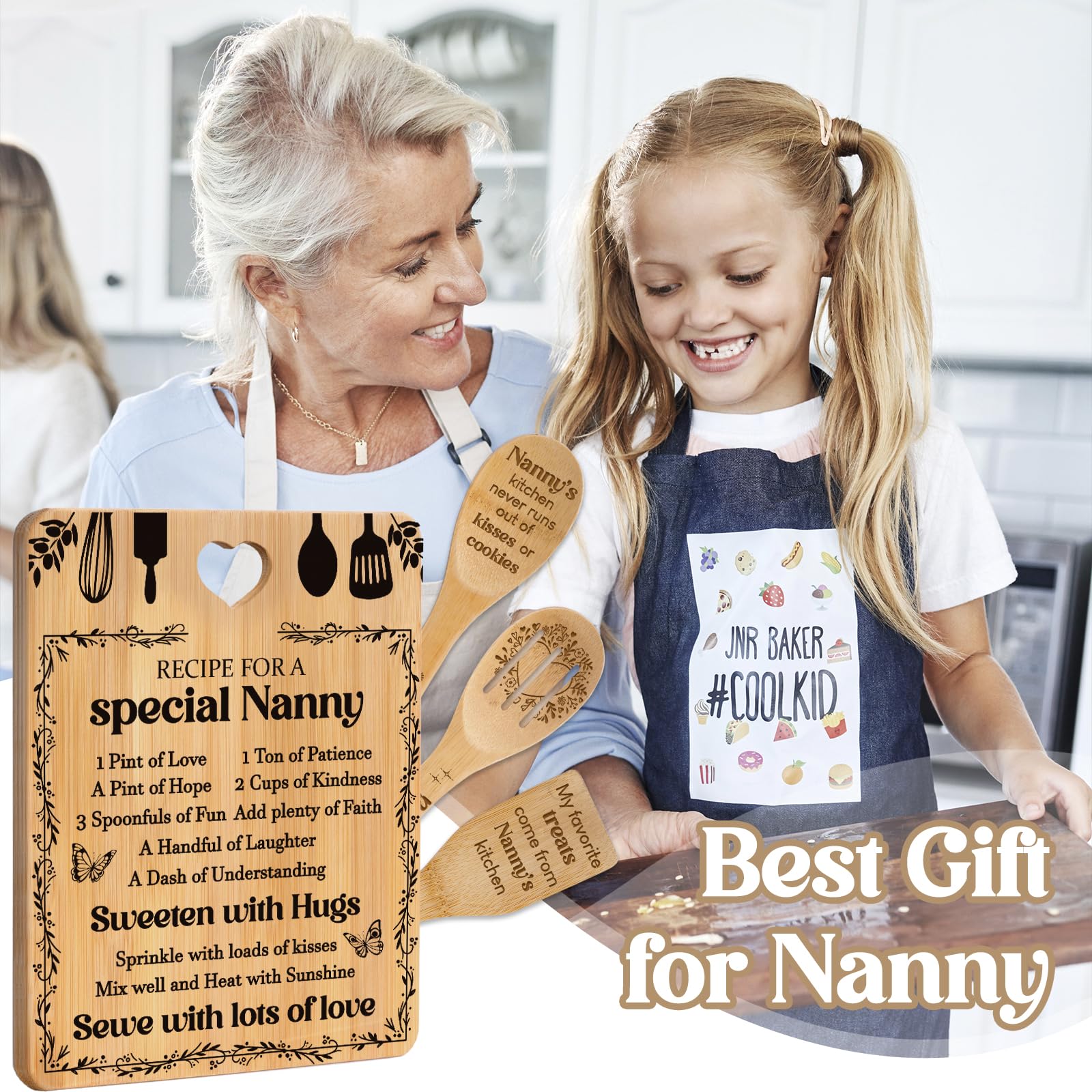 Gifts for Nanny - "Recipe for a Special Nanny" Nanny Gifts Cutting Board Set, Bamboo-Made Engraved Utensil Set Nanny Gifts for Grandma, Mothers Day Gifts for Nanny