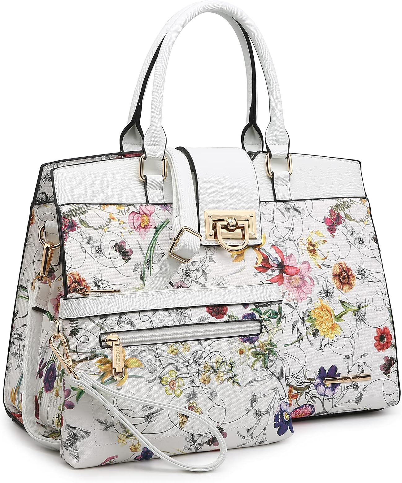 DaseinWomen Satchel Purses Handbags Monogrammed Shoulder Bags for Lady Work Tote Bags with Matching Clutch (Flower white)