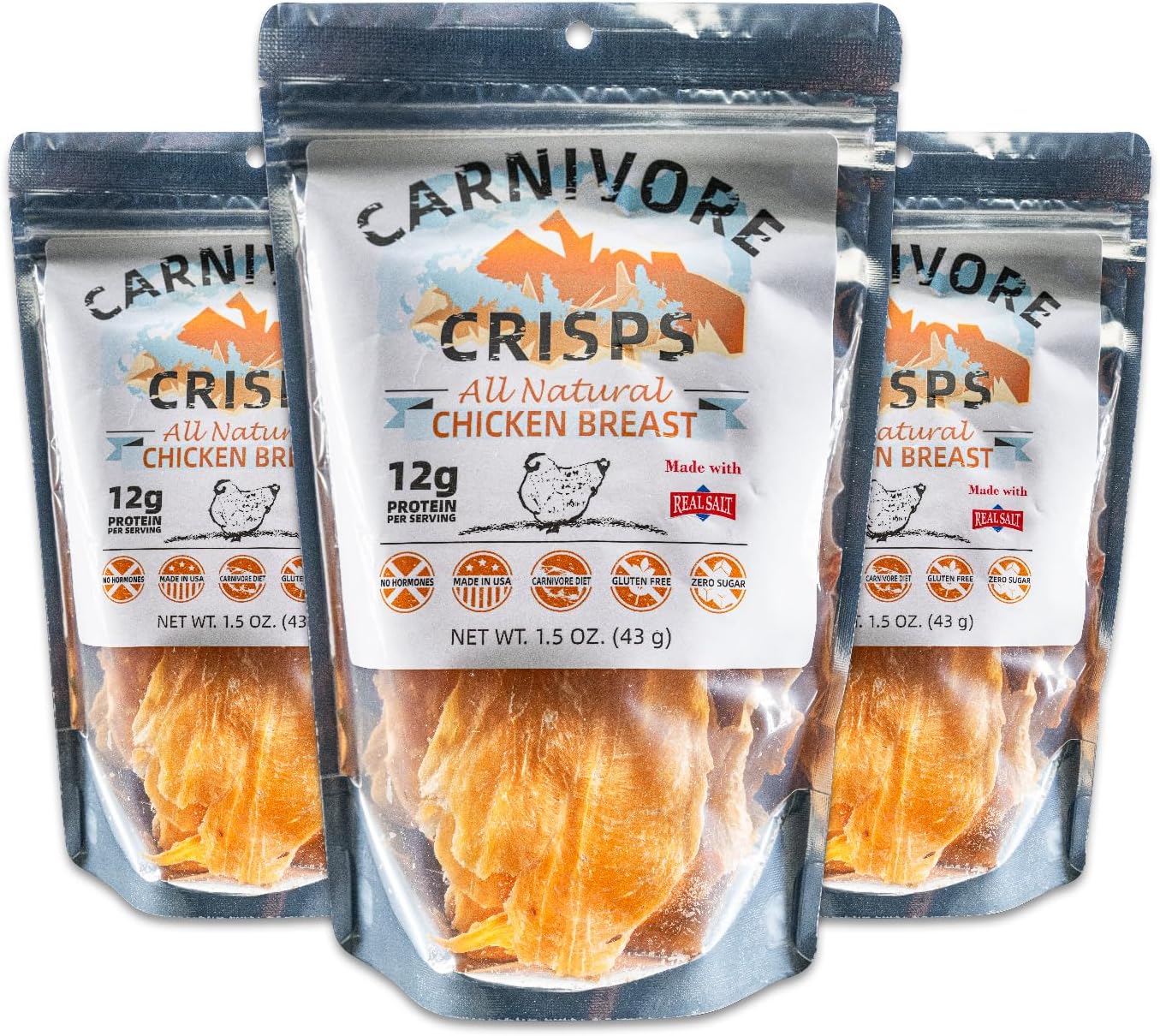 Carnivore Crisps, Chicken Breast, All Natural, High Protein, Keto & Carnivore Diet Approved, Gluten-Free, No Hormones, 1.5 oz (Pack of 3)