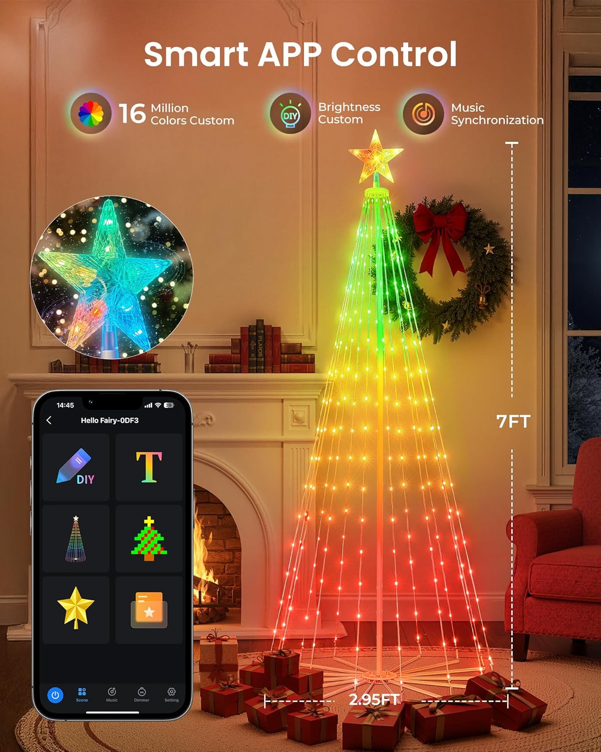Smart Christmas Cone Tree LED Lights, 7ft 295 Music Sync with Remote APP and Pattern, Local Control and Text Displayable, 16 Million Colors Light Show Tree for Indoor Outdoor Decorations