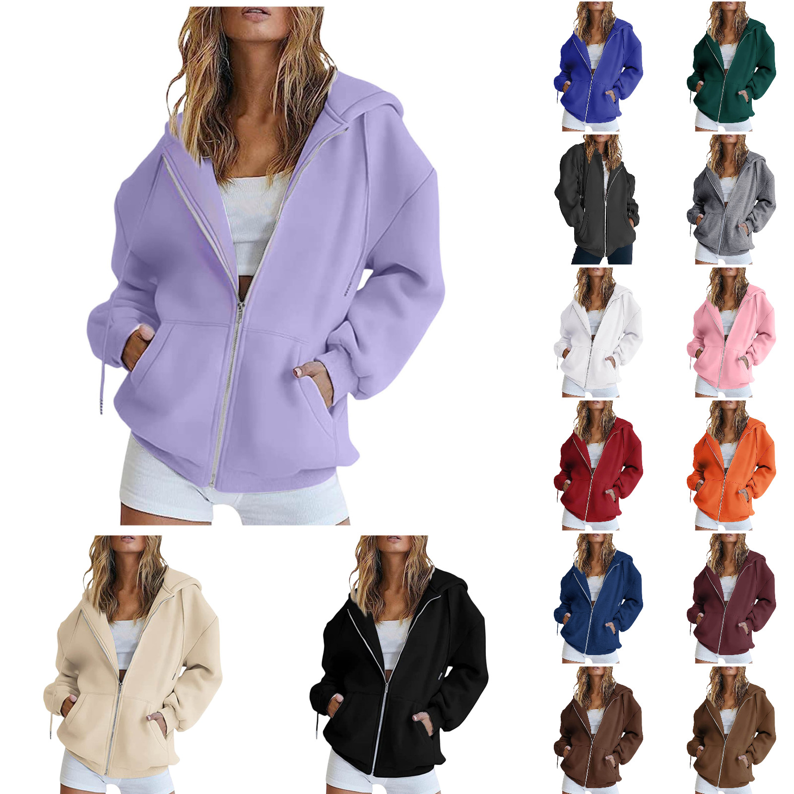 Sweat à Capuche Zippé Femme - Couleur Unie, Décontracté - Pour Automne Et Hiver