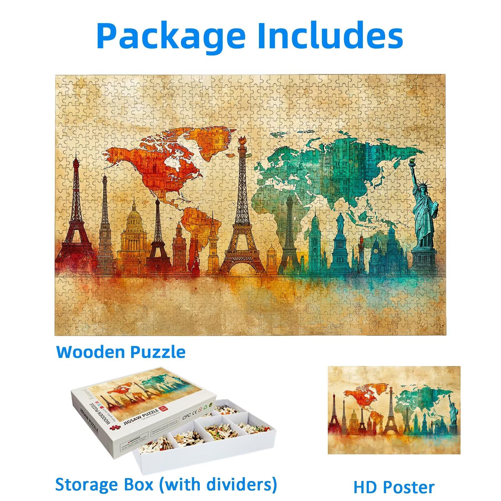 Puzzle de 1500 Piezas para Adultos, Mapa Puzzle 1500 Piezas, Viajar Rompecabezas Adultos con Caja, Medidas: 87x57 cm, Rompecabezas Madera para Toda la Familia, Home Decoration, Regalo Mujer, -2279