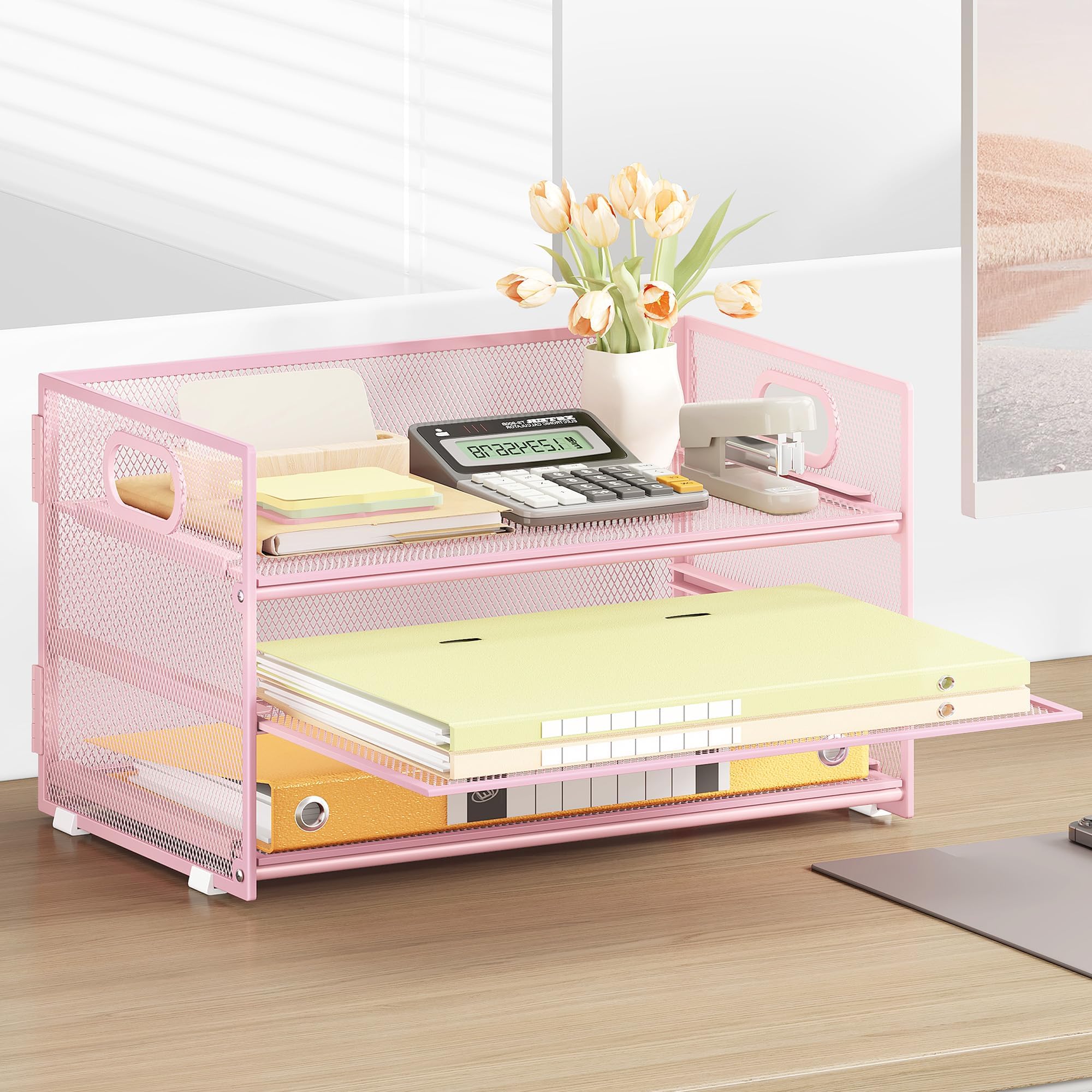 VITVITI Organiseur de Bureau 3 Étages avec Poignée, Pochette A4, Rangement Treillis Métallique Rose