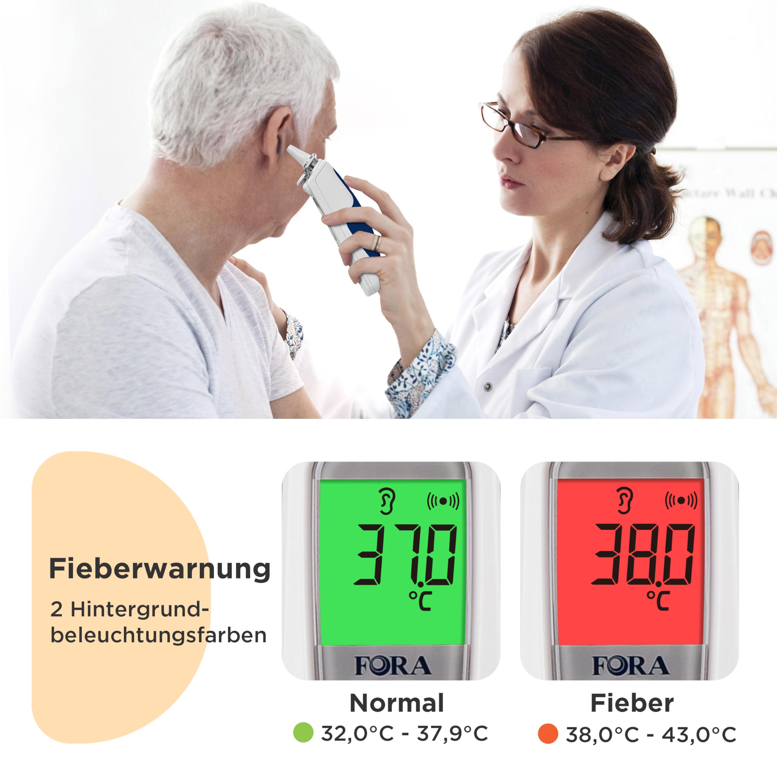 FORA IR20B Ohrthermometer mit bluetooth in medizinischer Qualität mit 16 Einmal-Schutzkappen, kleiner Eisenkopf- langlebig, Einfach zu säubern | Digitales Infrarot-Fieberthermometer mit Bluetooth, Aufbewahrungsstation, Auswurftaste, Farbanzeige und 10 Spe