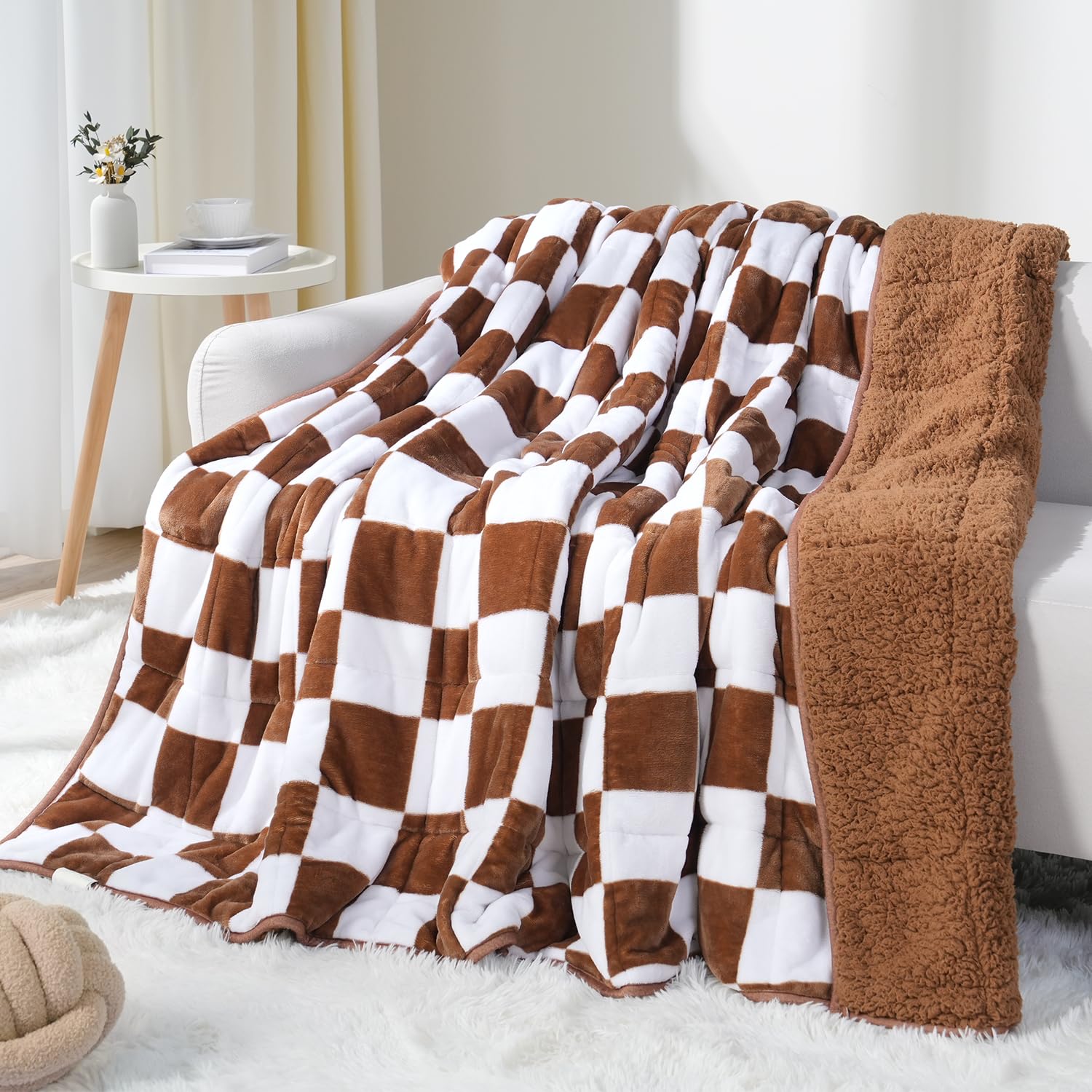 Checkerboard Weighted Blanket Queen Size 15 lbs for Adults, Fluffy Sherpa Luxurious Flannel Heavy Weighted Blankets for Bed Couch Sofa, Ultra Soft Cozy Bed Blanket, Plaid Khaki, 60" x 80"