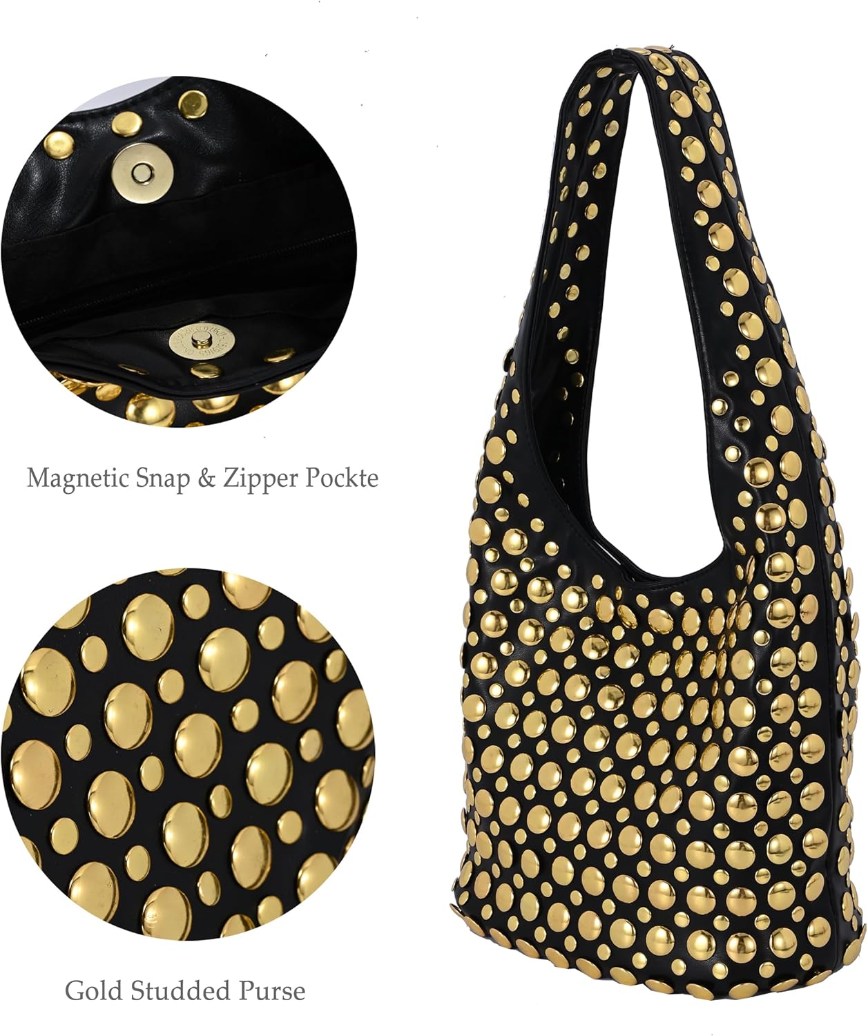 Stylish Studded Hobo Bag Y2K Rivets Bucket Purse for Women Trendy Small Shoulder Tote Handbag