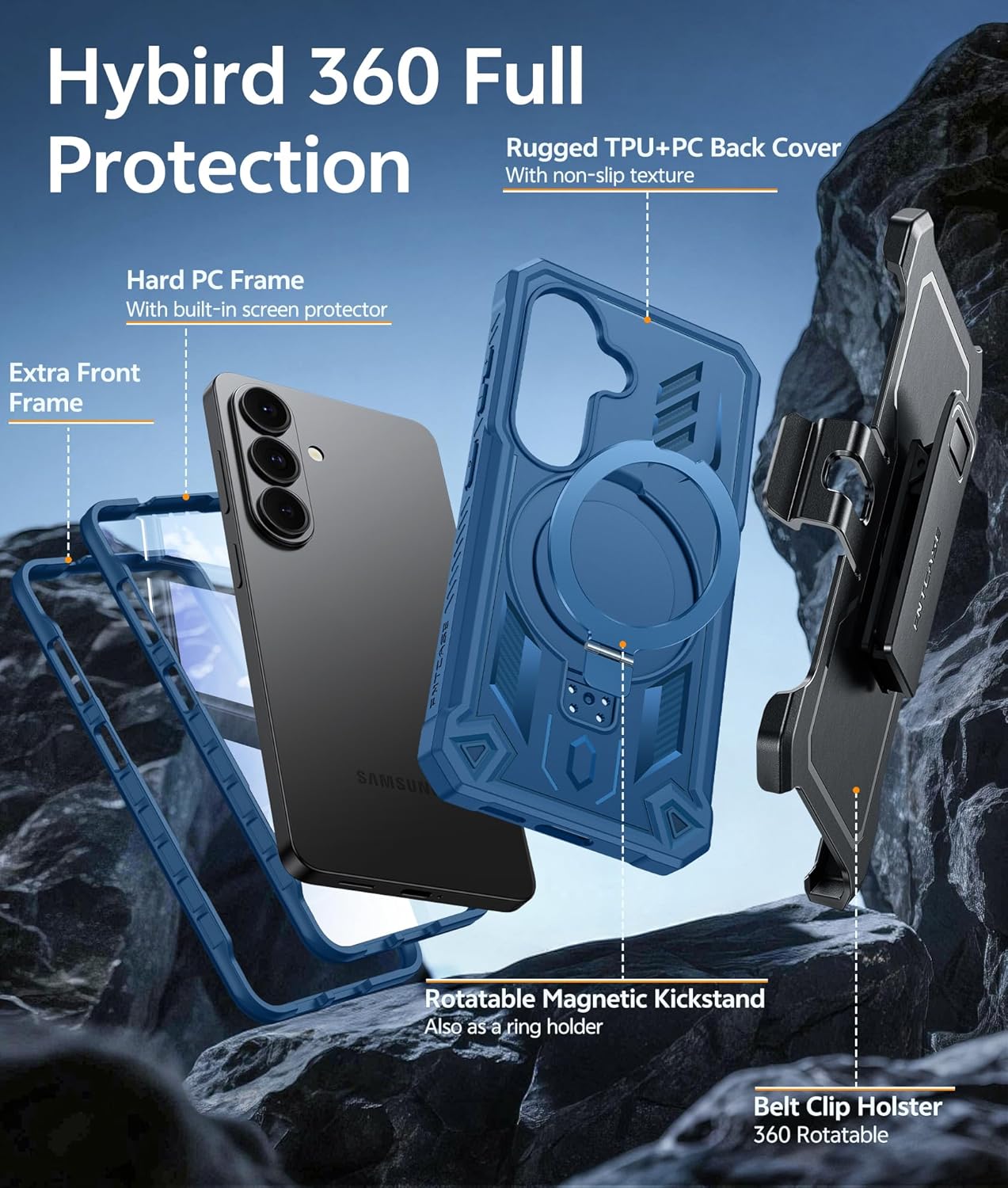 FNTCASE for Samsung Galaxy S26 Case: with Kickstand [Built-in Screen Protector & Belt Clip ] [Compatible with MagSafe] [2 Front Frames] Military-Grade Full Body Shockproof Magnetic Phone Cover Blue
