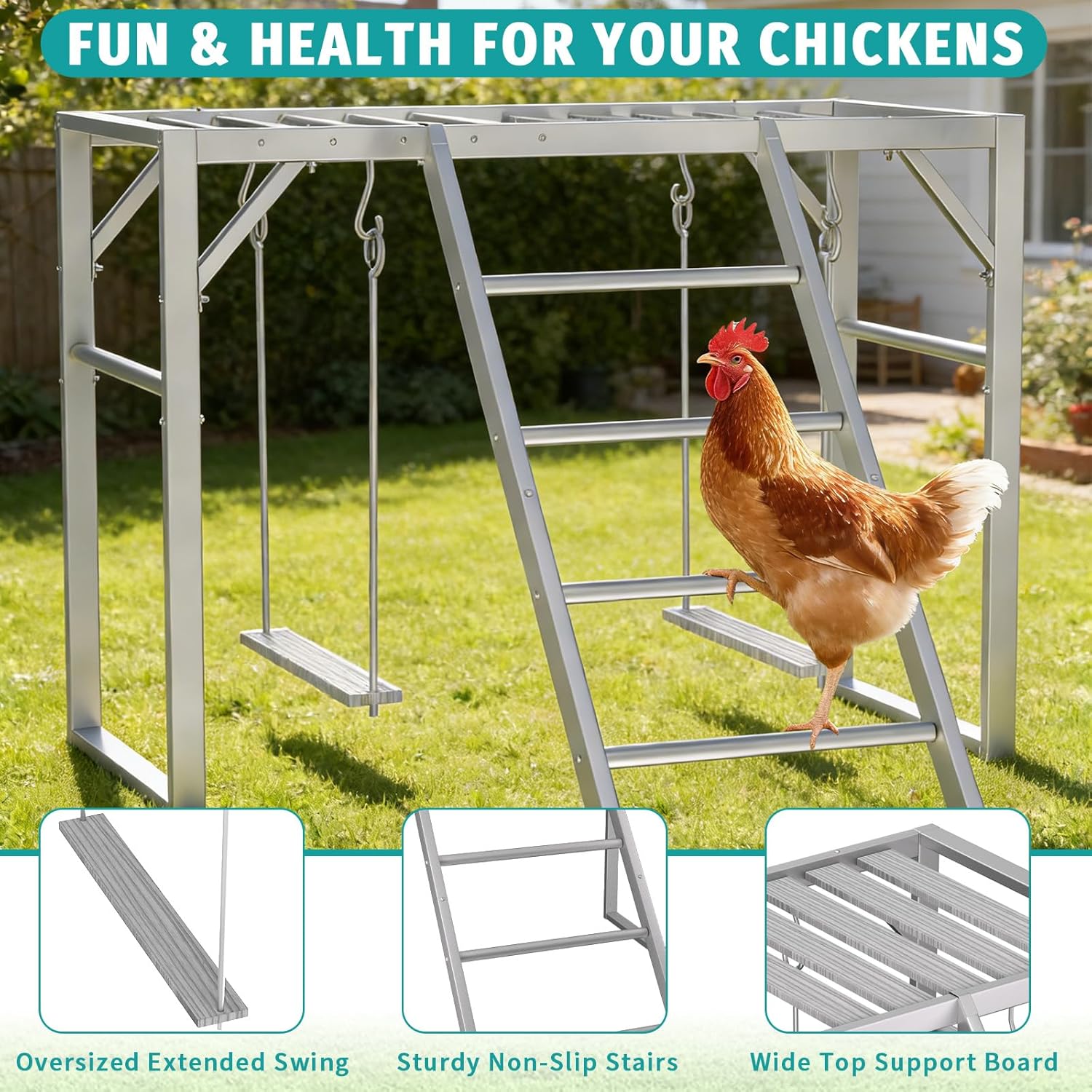 Chicken Swing Perch Set with Ladder - Backyard Chicken Coop Gym for Enrichment, Exercise, and Rest, Durable Metal Frame with Composite Wood Silvery