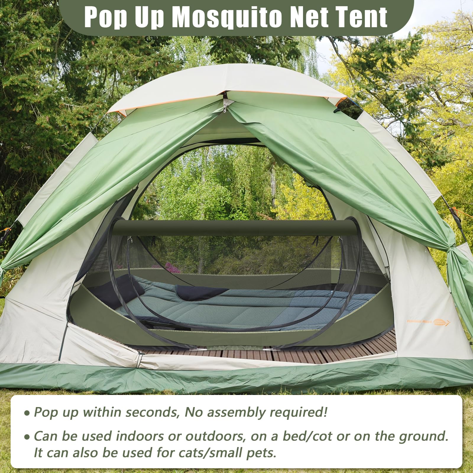Tienda de campaña para mosquiteros desplegable para camping, tienda de campaña para 1 persona, red de pantalla de configuración automática 3s para adultos y niños, se adapta a catre de campamento 6