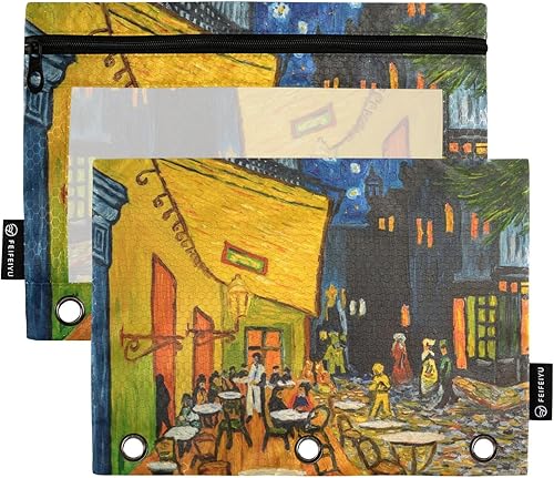 Van Gogh Cafe Terrace - Estuche para lápices de 3 anillas, paquete de 2 carpetas para lápices, estuche transparente con cremallera, bolsa de