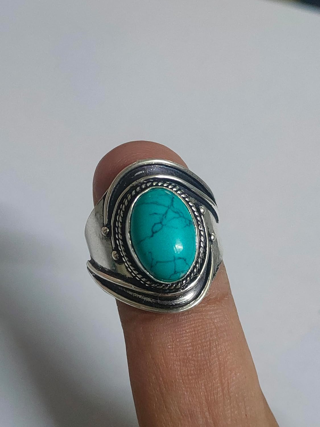 Turquoise Ring for Women | 925 Sterling Silver Plated | Handmade Boho Style Oval Gemstone | Gift for Her, Bridesmaid, Birthday | Unique Turquoise Jewelry