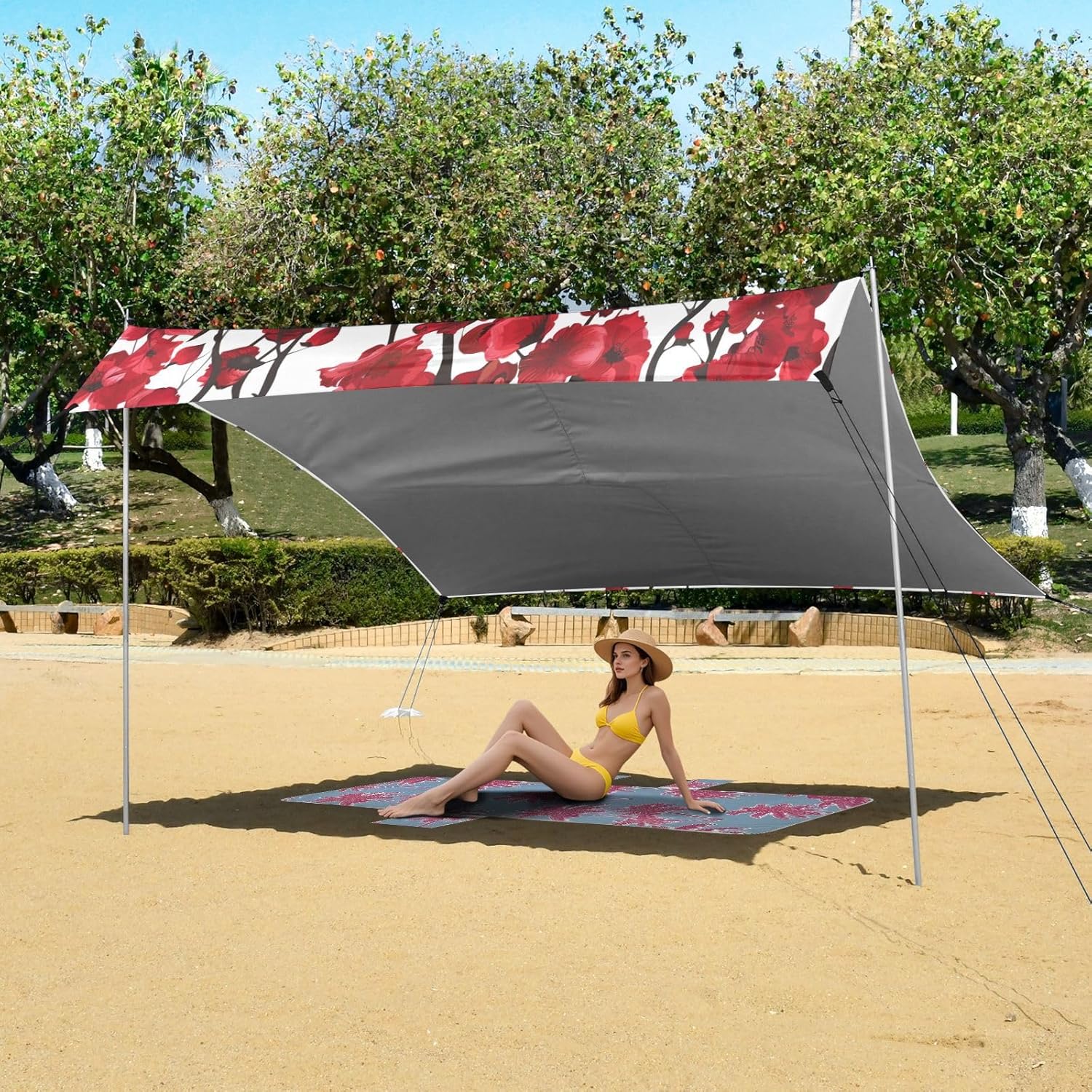 ALAZA Weeping Red Cherry Blossom Flowers Beach Tent Sun Shelter UPF50+ Protection Beach Shade Canopy w/ 4 Sandbags for Outdoor Camping, Fishing, Backyard Fun, Picnic, 10x9 ft