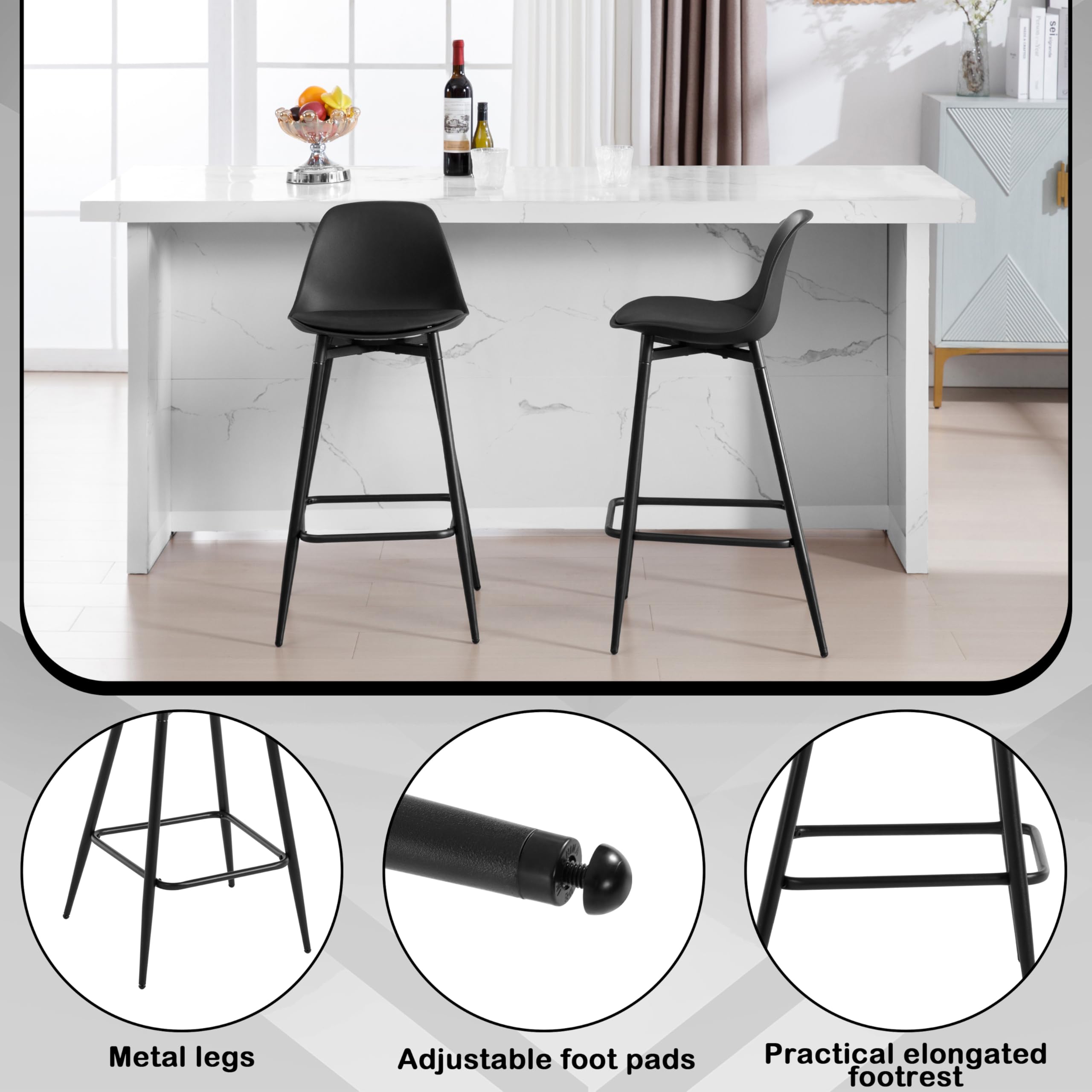 Lot de 2 Tabourets Bar, Tabourets de Bar pour Petit-Déjeuner, Tabourets de Cuisine avec Dossier, Siège Rembourré en PP et Cadre en Métal avec Repose-Pieds, Noir, K0001BH-2