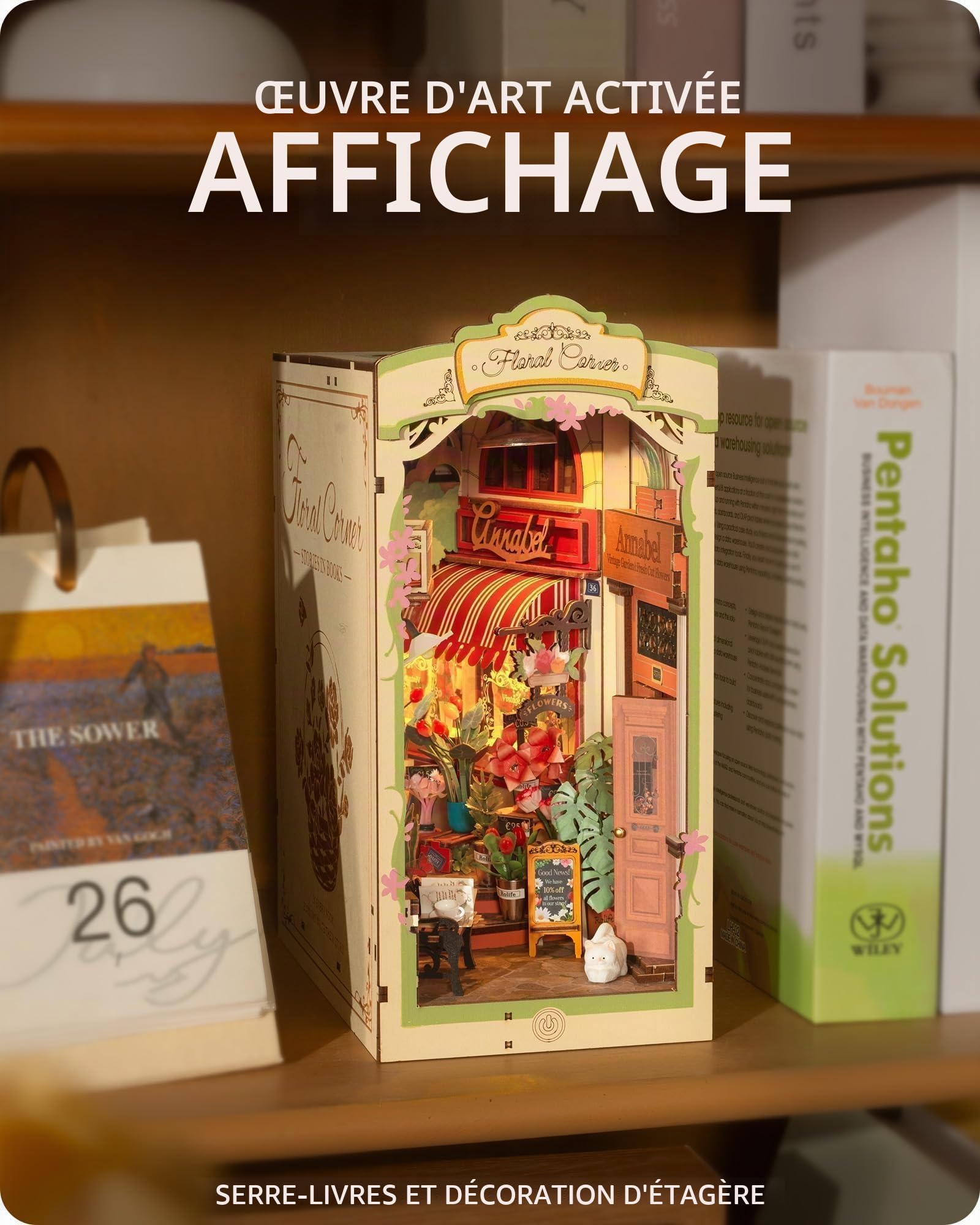 ROWOOD Book Nook Kit Coin Fleuri, DIY Booknook pour Adultes, Maquette en Bois A Construire avec Lumière LED Et Panneau Anti-poussière, Décoration D'intérieur Et Cadeaux Créatifs pour Noël