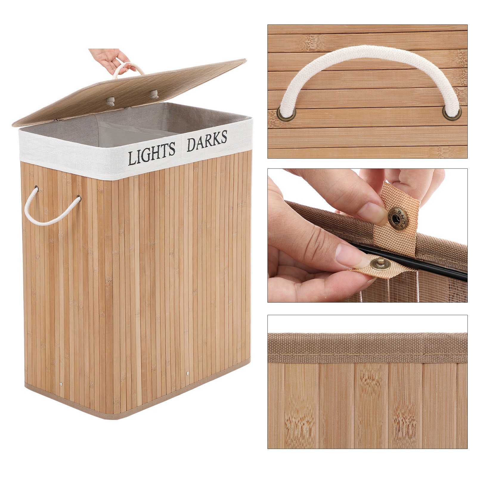 SONGMICS Cesto Portabiancheria, 100 L, Cesta per il Bucato a 2 Scomparti, in Bambù, Coperchio e Maniglie, Pieghevole, Sacchetto Estraibile e Lavabile, Lavanderia, Camera da Letto, Naturale LCB64Y