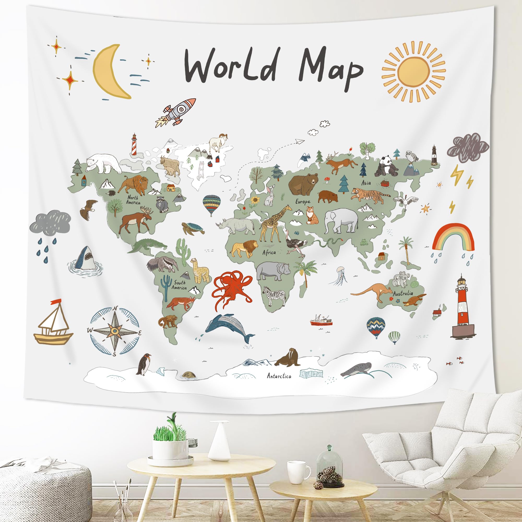 Imirell World Map Kids Tapestry 78Wx59H Inches Cartoon Animal Educational Learning Tool Adventure Green Rainbow Cute Plant Wild Art Hanging Bedroom