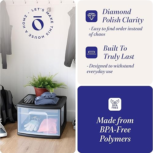 Vista 5 de HOMZ Paquete de 2 carritos de almacenamiento de 1 cajón, contenedor de plástico transparente, 14.25 pulgadas de ancho, mediano, marco negro, Marco